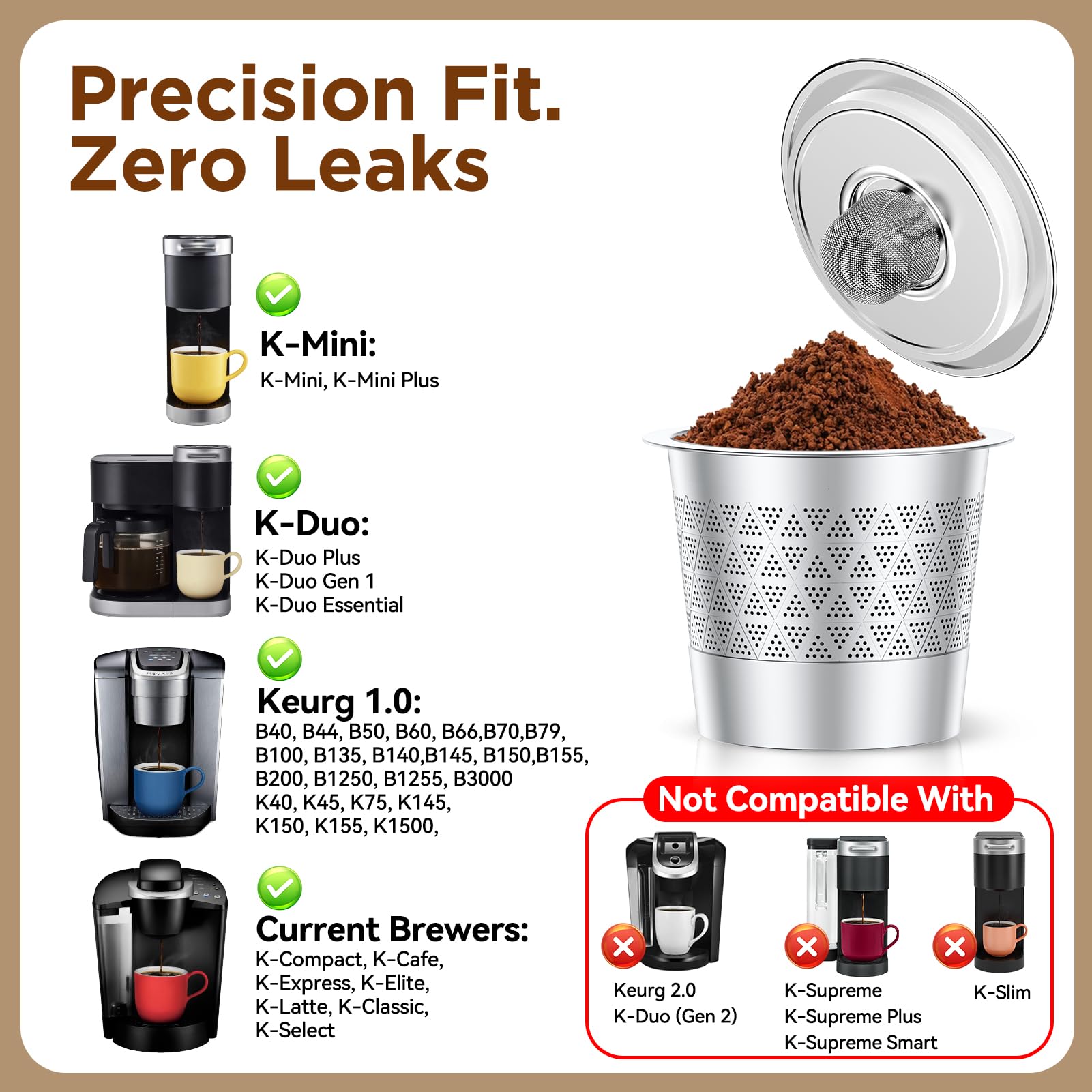 CAPMESSO Reusable K Cups for Keurig: NO Grit Stainless Steel Coffee Pod for Keurig 1.0 Coffee Machine - Dual-Mesh Filter for Richer Coffee Tea,BPA Free, No Plastic,Easy to Clean,Scoop & Brush (2 Pack) - 4