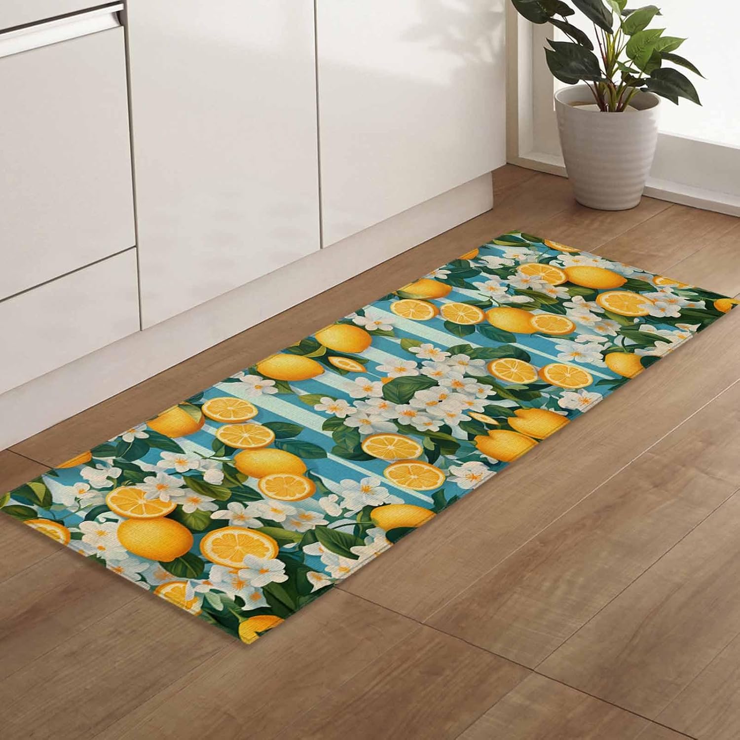 2 Pieces Kitchen Rugs and Mats,Summer Farm Yellow Lemon Blue Stripe Area Runner Rug Set Non Slip Floor Doormat Washable Carpet Standing Mat for Kitchen Sink Indoor Corridor,Flower Leaf Rustic Linen