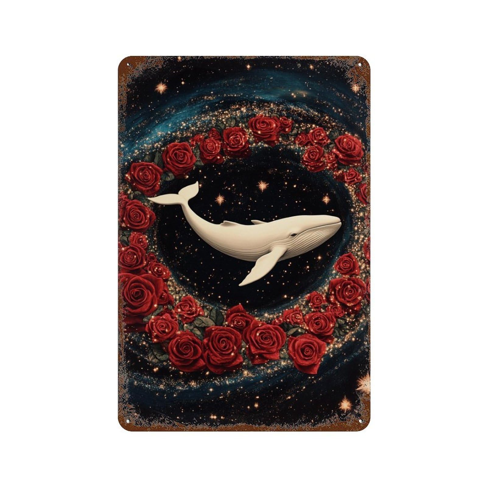 Whale Roses Celestial Art Rustic Tin Plaque 11.8"x7.9", Industrial Home Decor for Pub, Kitchen And Man Cave Decor