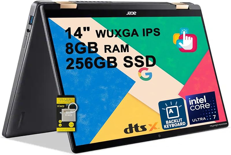 Acer Chromebook Plus Spin 714 2-in-1 Laptop 14" WUXGA IPS Touchscreen (100% sRGB) Intel 8-core Ultra 5 115U 8GB RAM 256GB SSD Backlit Type-c Long-Lasting Battery ICP Acc w/Google AI