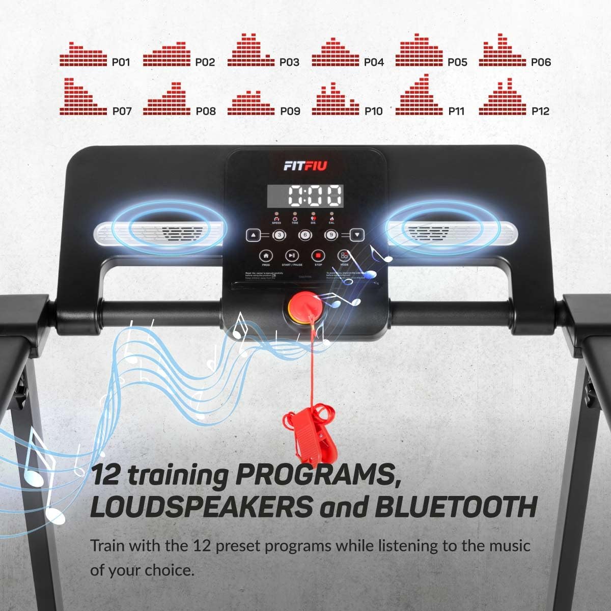 Close-up of FITFIU Fitness MC-100 treadmill console with display and buttons