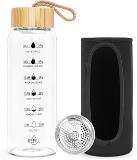750ml Trinkflasche Glas mit Zeitmarkierungen & Edelstahl Sieb & Schutzhülle,BPA-frei Sport Wasserflasche Glas,Weithals Glasflasche 750ml Auslaufsichere Trinkflasche aus Glas für Büro,Schule,Fitness