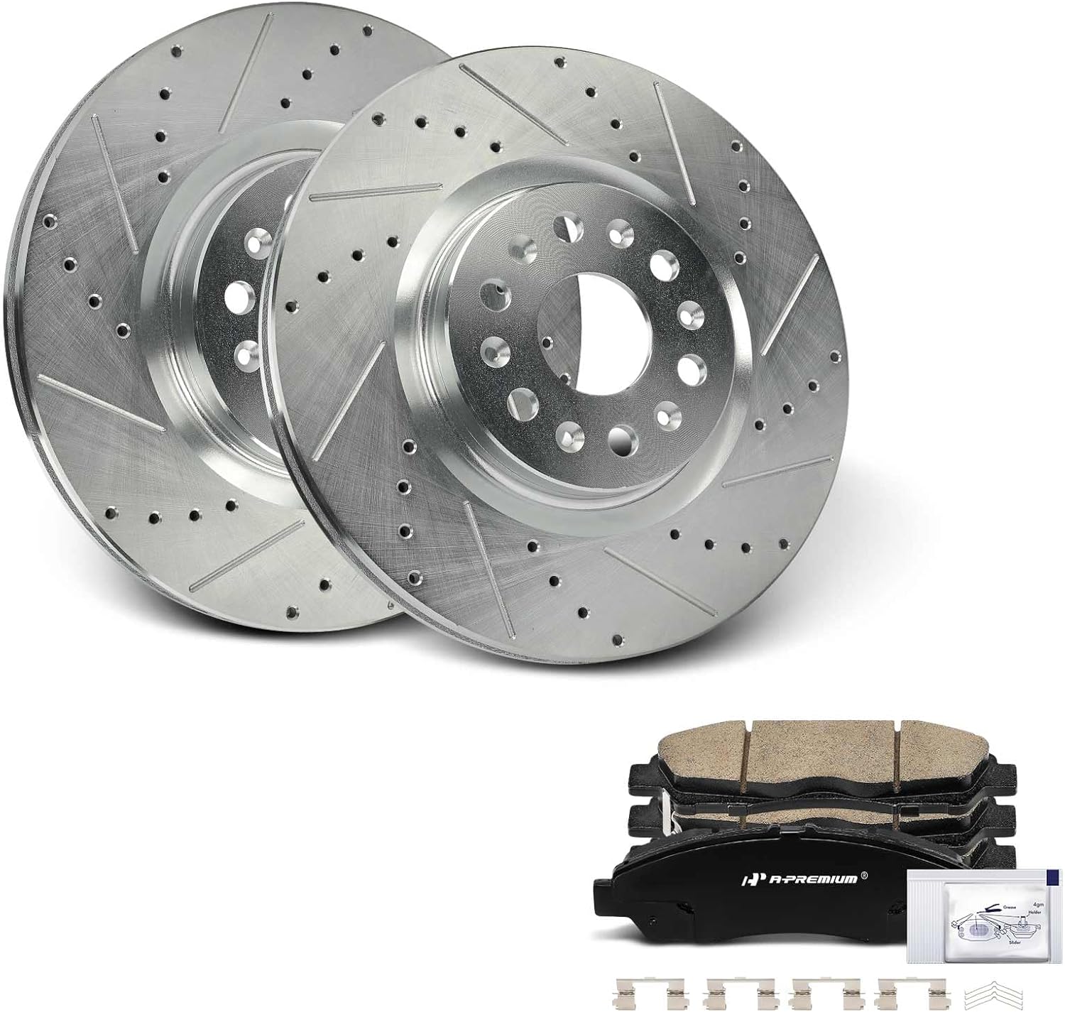 A-Premium 13.58 inch (345 mm) Front Drilled and Slotted Disc Brake Rotors + Ceramic Pads Kit Compatible with Select Buick and Cadillac Models - Enclave 2018-2020, XT5 2017-2020, XT6 2020, 6-PC Set