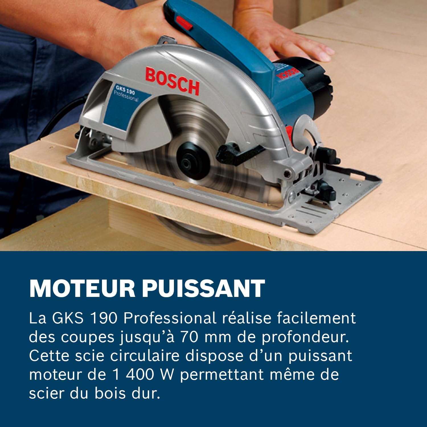 Bosch Professional scie circulaire GKS 190 (puissance 1 400 W, lame de scie : 190 mm, profondeur de coupe : 70 mm, avec lame au carbure, adaptateur d’aspiration, butée parallèle, clé six pans mâle)