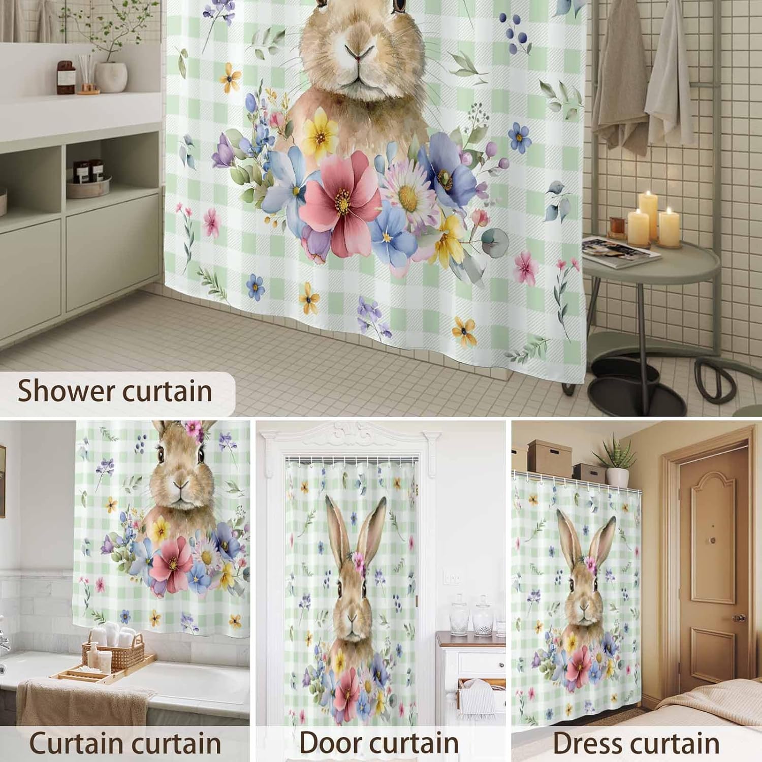 Easter Shower Curtain Floral Bunny Bathroom Curtains with Hooks, Waterproof Fabric Rabbit Flower Green Buffalo Plaid Shower Curtains Set for Bathroom Bathtubs Seasonal Spring Holiday Decor 72x78 Inch