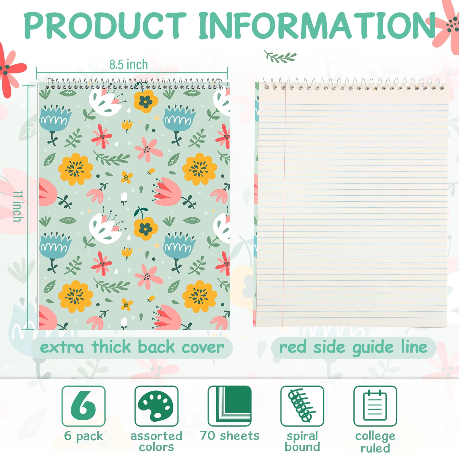 Maitys 6 quaderni legali a spirale Steno da 21,6 x 27,9 cm, rilegatura superiore a spirale, copertina rigida, blocco note a righe, 70 fogli, per scuola, ufficio, università, casa (multicolore, stile
