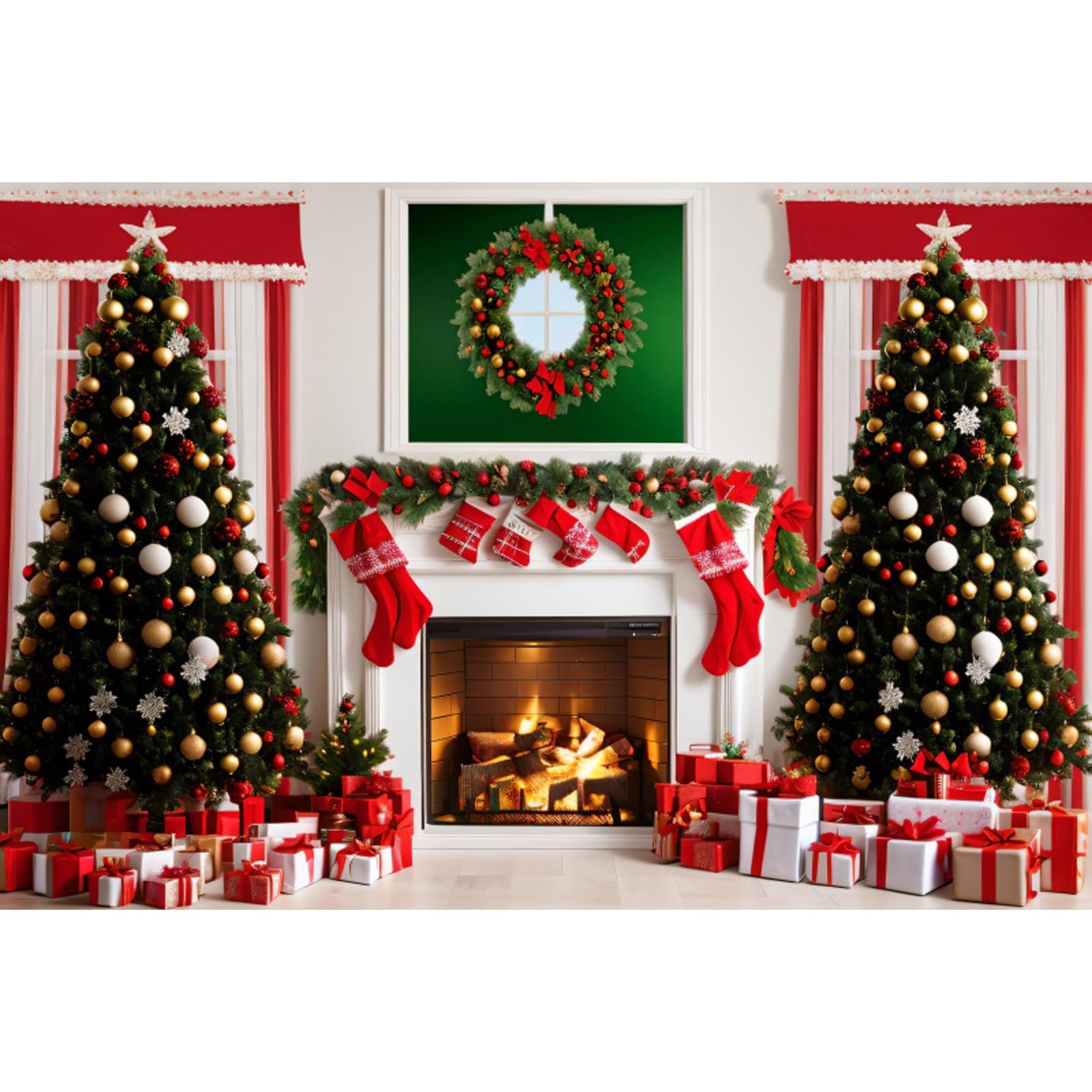 8x6ft Christmas Fireplace Xmas Trees Backdrop Christmas Backdrops for Photography New Year Indoor Living Room Gifts Scene Setter Wall Holiday Party
