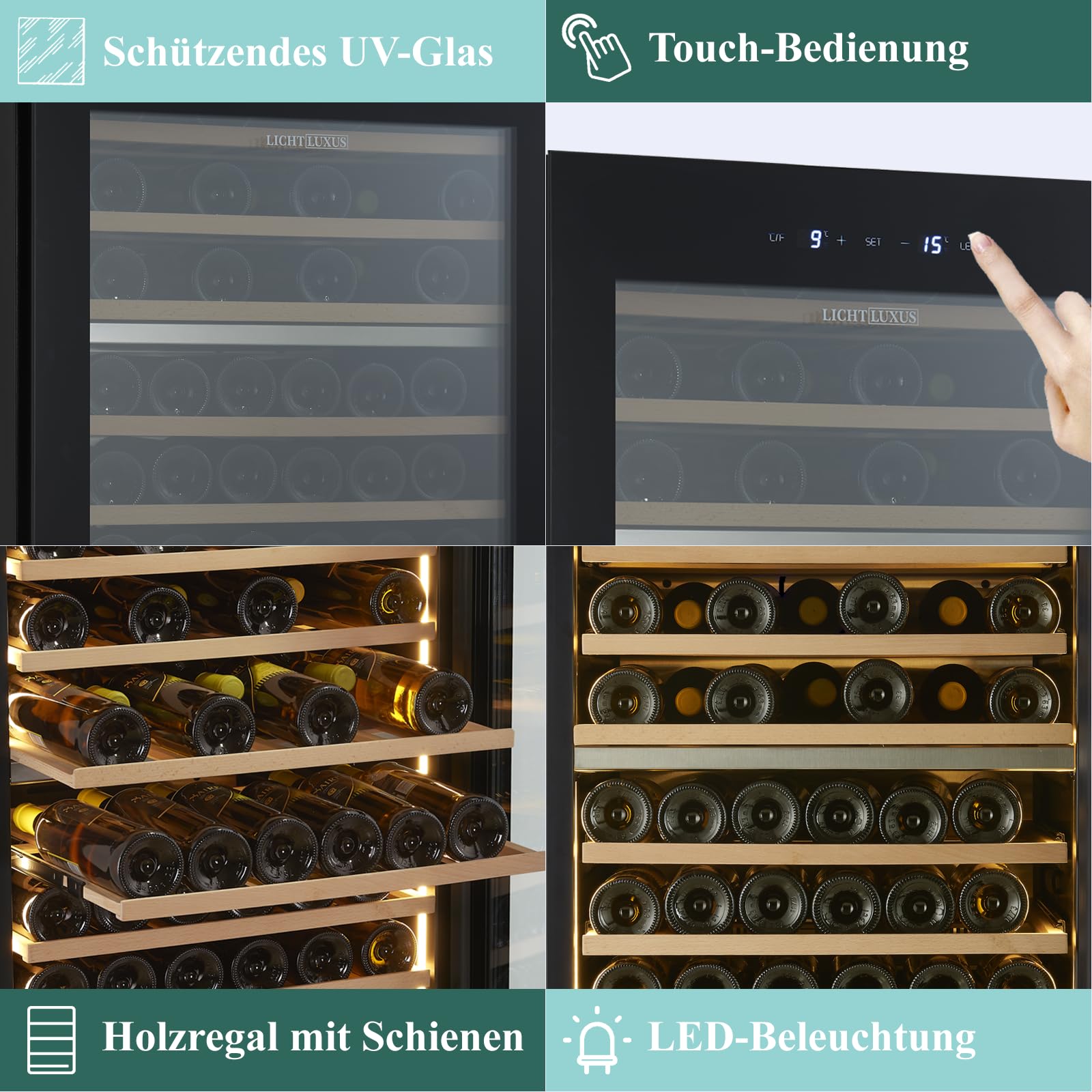 Weinkühlschrank 2 Zonen 71 Flaschen Einbaugerät Unterbau 60cm Breit UV-Glastür Holzablagen Leise 37dB
