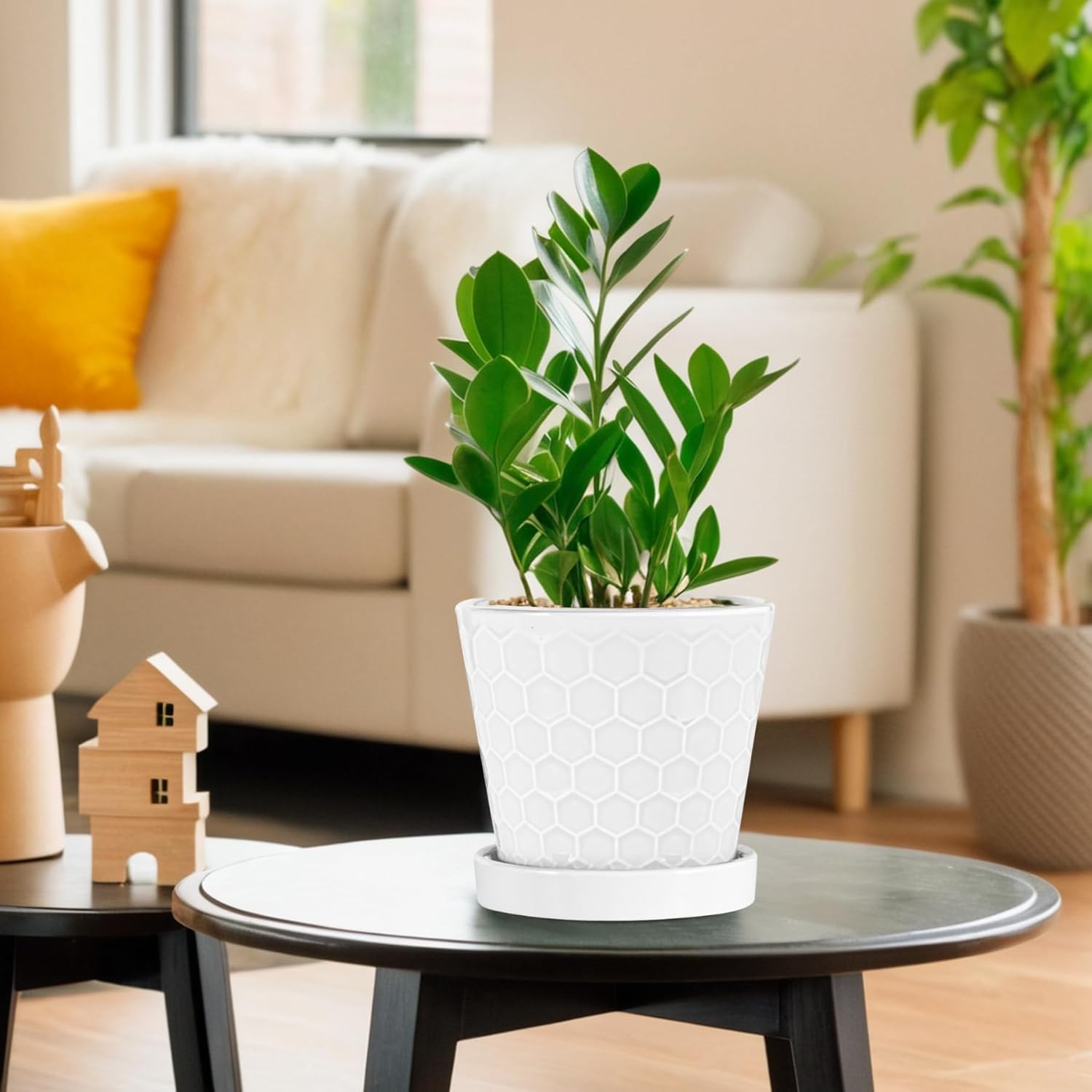 Plant Pots Indoor -6 inch Ceramic Flower Pot with Drainage Hole and Ceramic Tray - Gardening Home Desktop Office Windowsill Decoration Gift, Set of 2(White)