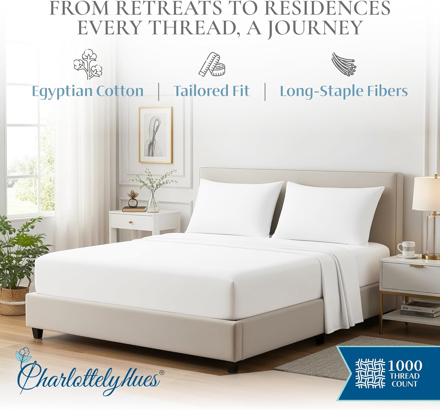 CharlottelyHues 1000 Thread Count Sheet Set 4 Piece 100% Egyptian Cotton Hotel Luxury Breathable Soft Snug Fit Sateen Finish Bed Sheets Fits Upto 18" Mattress(White, Queen)