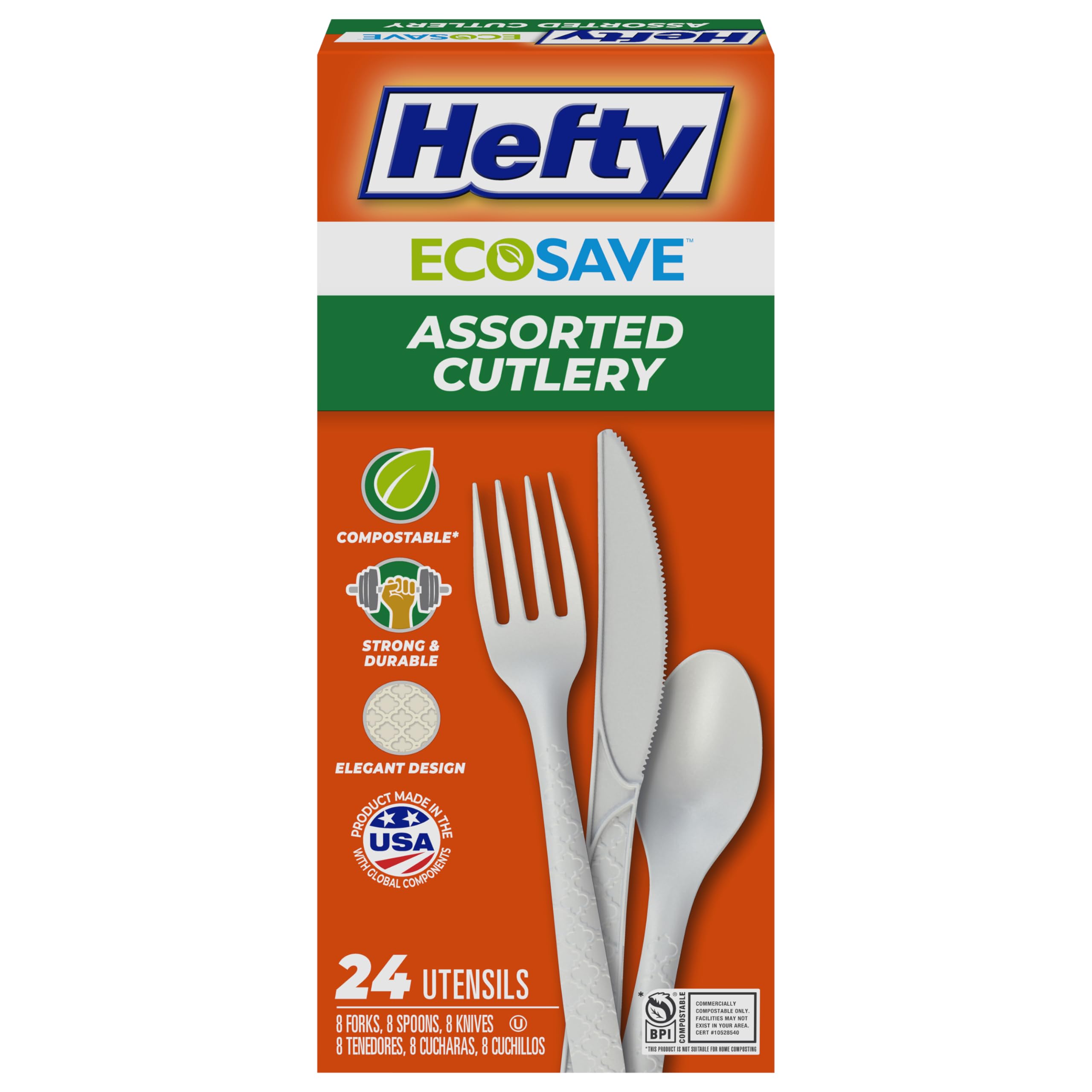 Hefty ECOSAVE Compostable Assorted Cutlery Set, Utensils for BBQs, Tailgates, Camping, Parties, and More, Includes 8 Forks, 8 Spoons, and 8 Knives, Compostable, Sustainable Design, 24 Count