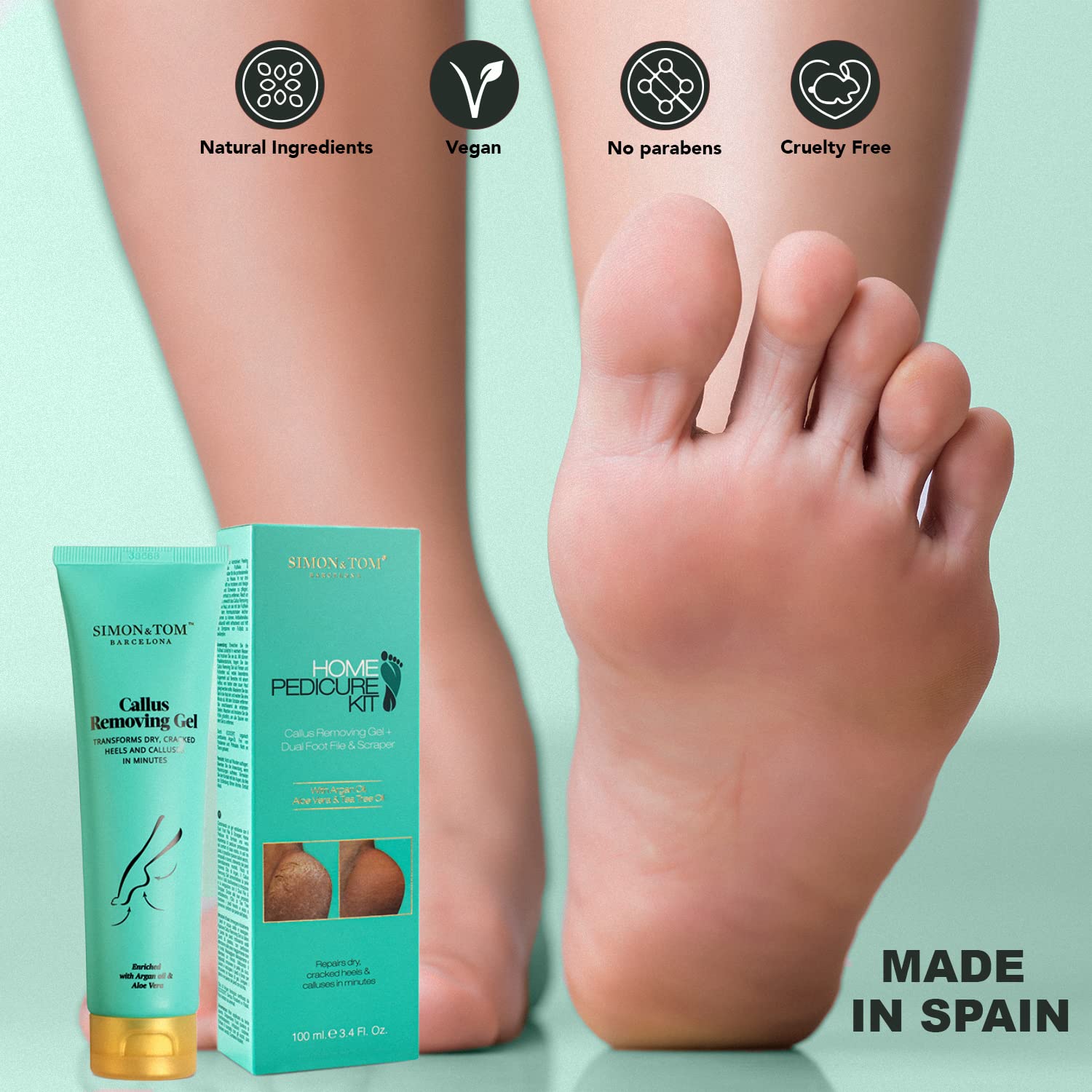 Simon&Tom - Home Pedicure Kit - Formato gel - Elimina i Calli e le Durezze - Migliora i talloni screpolati - Con Argan Bio - Tea Tree Oil -Aloe Vera-Vitamina E-Include Limetta/100ml - Made in Spain