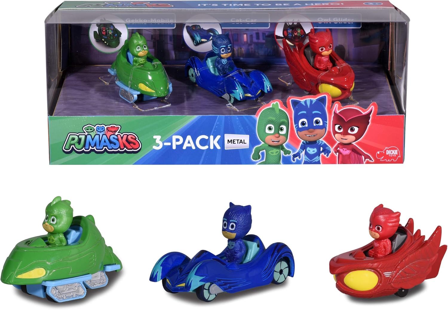 Dickie Toys, Majorette - Pj Masks Gift Pack con 3 Veicoli in Die Cast, 203143000, + 3 Anni, Inclusi Mini Personaggi 7 cm