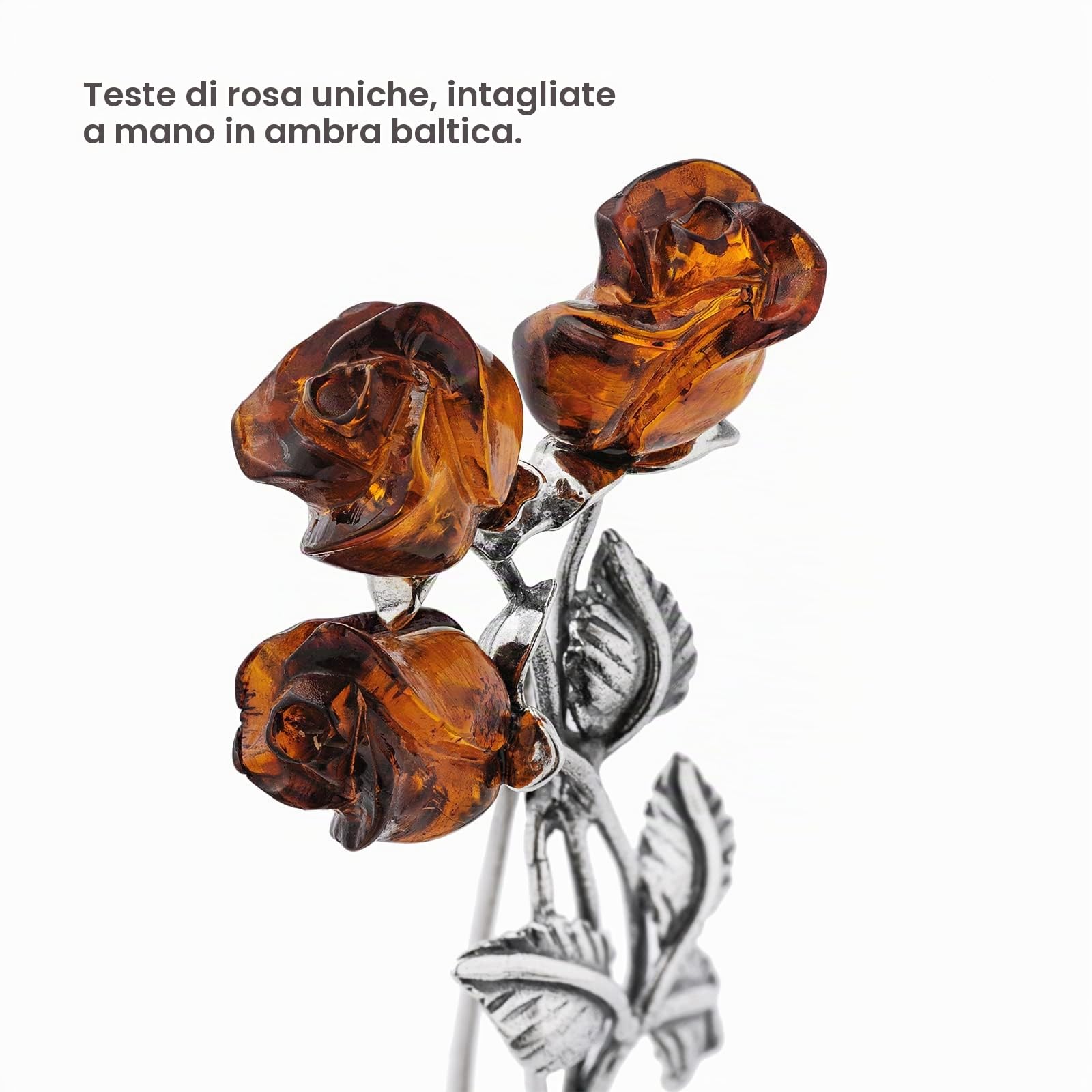 Spilla da donna in argento 925 ossidato, rose d'ambra baltica intagliate a mano, spilla con tre rose d'ambra, chiusura di sicurezza, set regalo