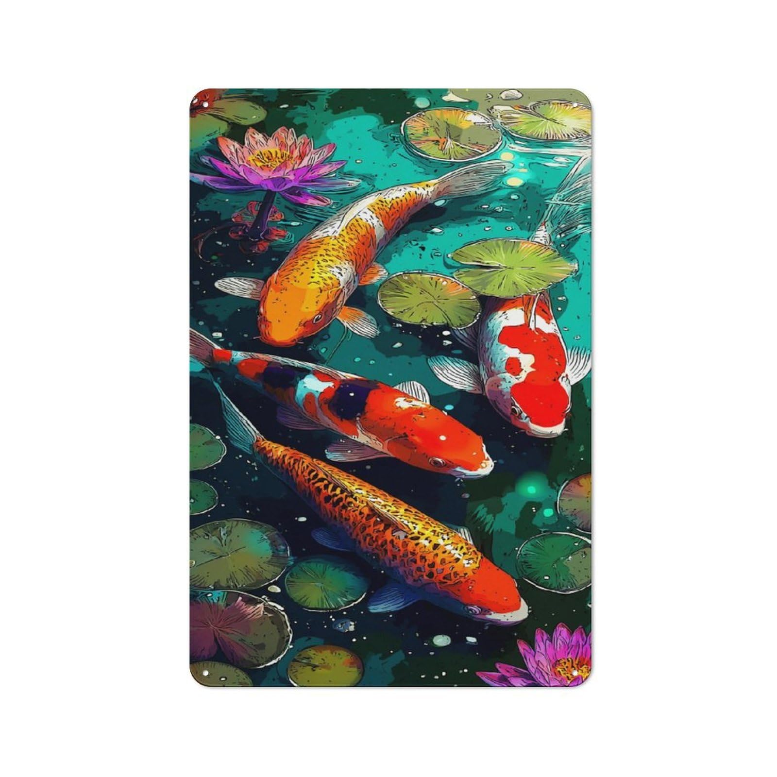 Nostalgic Colorful Koi Fish Pond Scene Metal Wall Sign 30x20cm, Classic Pub Decor for Bar, Kitchen, Garage Or Games Room