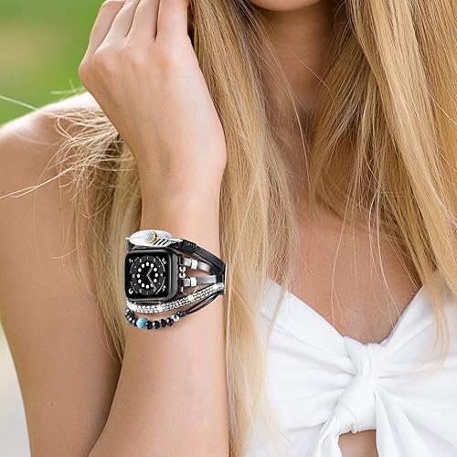 Vista 40 de VISOOM Beaded Boho Bracelet Compatible for Apple Watch Band 40mm/38mm/41mm/42mm iWatch Series 10 9 8 7 SE 6/5/4 Women Leather Fashion Cute Handmade