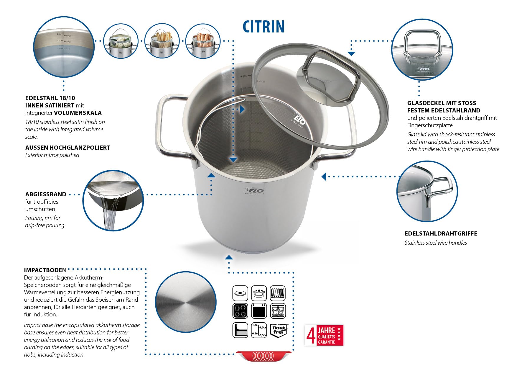 ELO Spargeltopf 72616 Citrin 16 cm - silberfarben - Volumenskala - verkapselter Hartlötboden - Bügelgriff mit Fingerschutzplatte - spülmaschinengeeignet, Silber | Öl-Dosiersystem, backofenfest, spülmaschinengeeignet, Volumenskala, mit Sieb-Einsatz