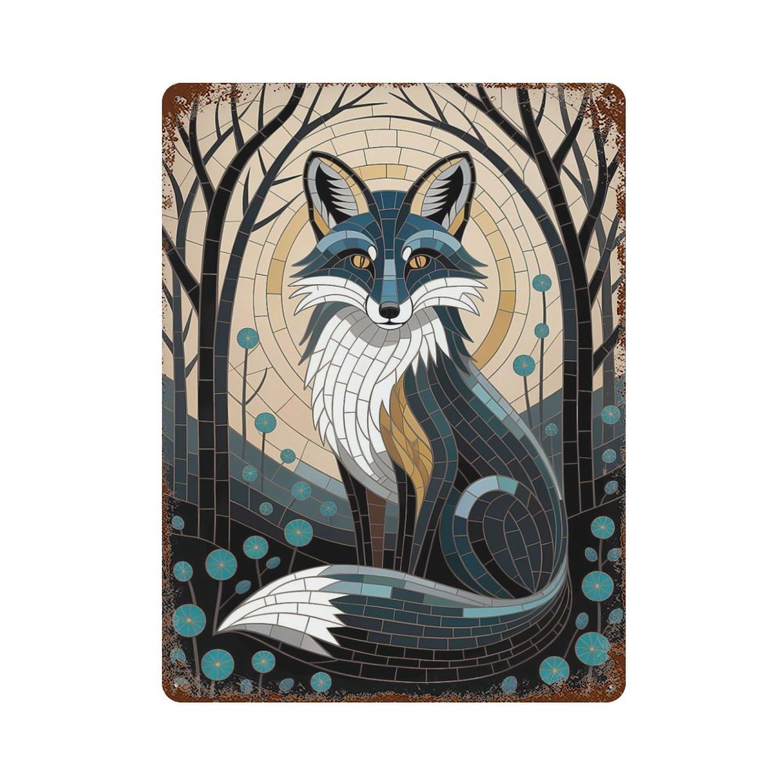 Garage Style Mosaic Fox in Forest Weathered Tin Sign 15.7"x11.8", Classic Wall Plaque for Bar And Workshop