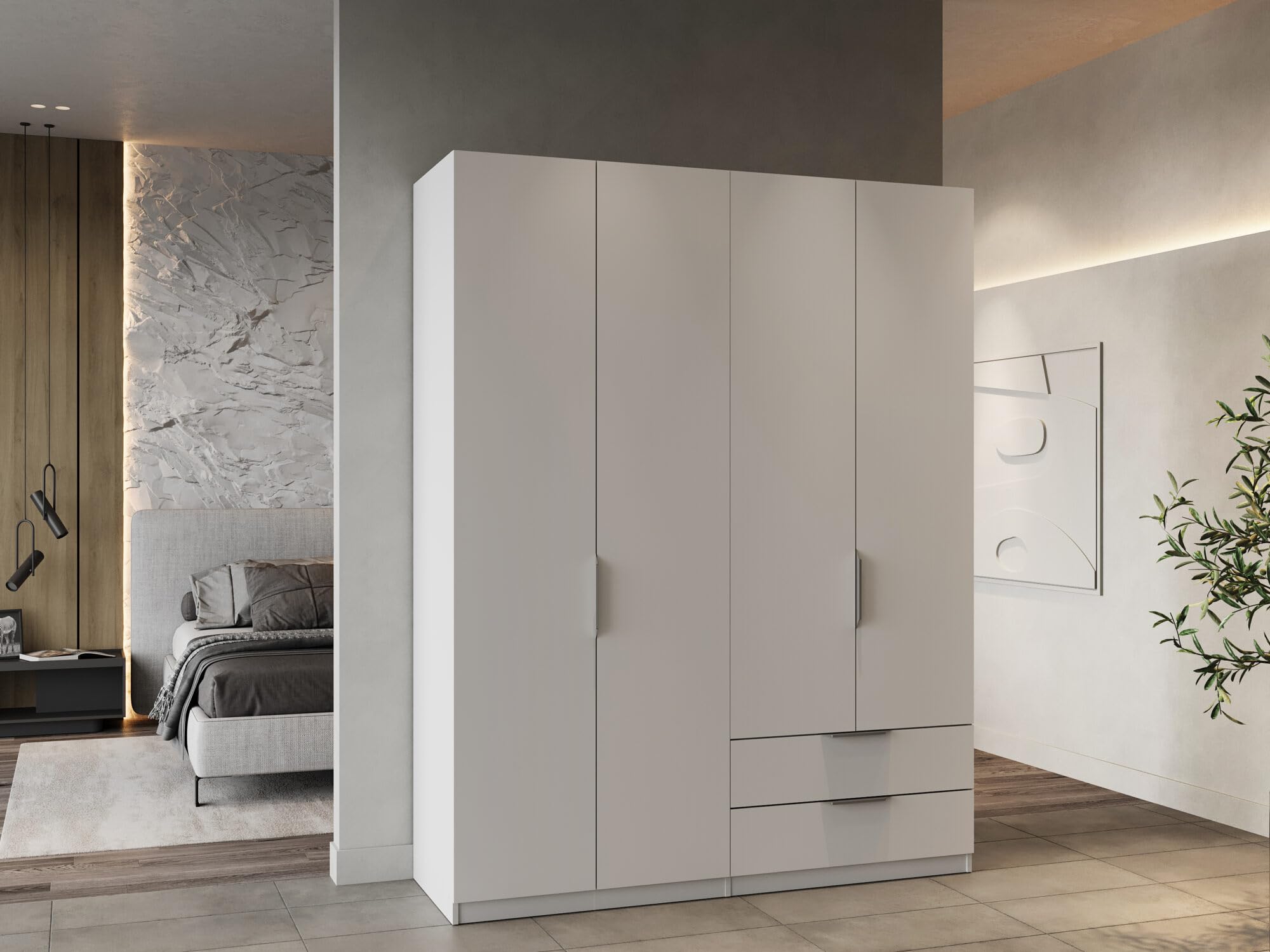 Demeyere 391370 vestidor con Armario Moderno 4 Puertas 5 estantes 2 cajones, Color Blanco Mate, 157,3 x 51,1 x 203 cm, Madera de ingeniería, Gris
