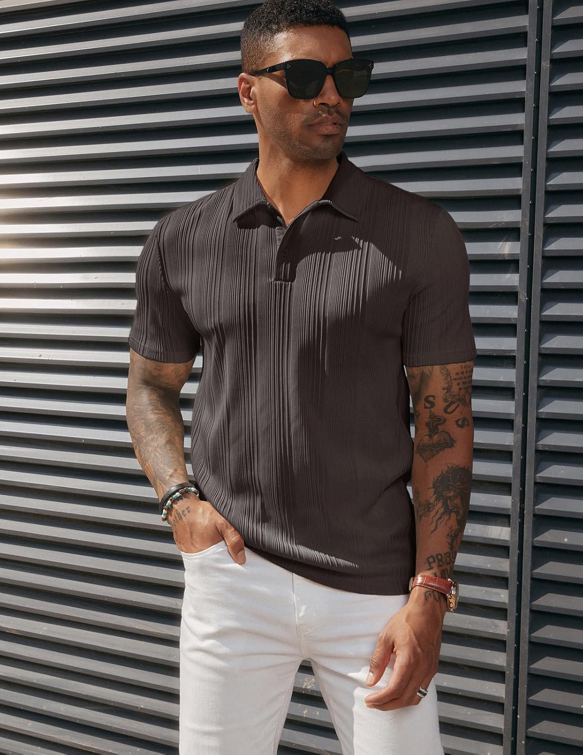 PJ PAUL JONES Mens Textured Knit Polo Shirts Regular Fit Stretchy Golf Shirts - Image 4