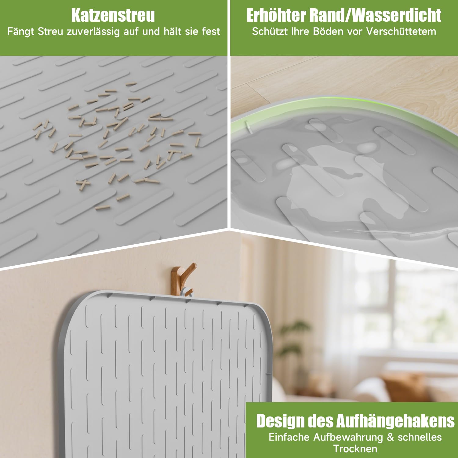 Silikon Katzenklo Matte mit Verteilerrillen, Erhöhtem Rand, 101x71cm XXL, Wasserdichte Katzentoilette Unterlage, Rutschfeste Katzenstreu Matte, Bodenschutz Vorleger, Reinigendes Katzenzubehör