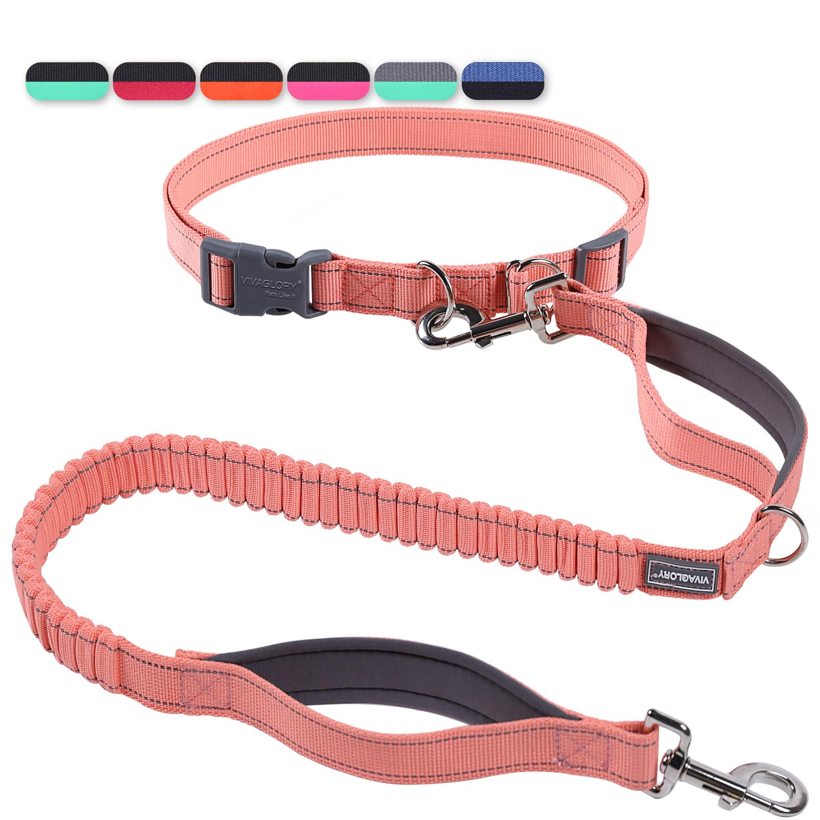 VIVAGLORY Hands Free Dog Leash Bungeeone Running Dog Leash with Waist Belt for Running Walking & Jogging, Bungee & Around Waist for Pet, M, Pink/Grey