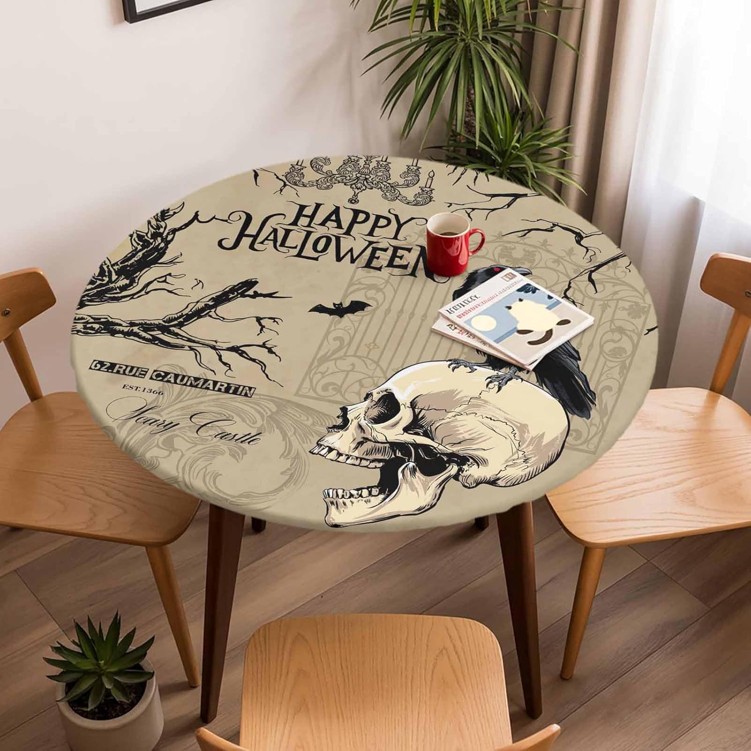 Halloween Round Fitted Table Cover for Dining Room Table,Spooky Crow Skull Tablecloth with Elastic Edge,Retro Scary Gothics Waterproof Round Table Cloth Fits Tables Up to 55"-60" Diameter