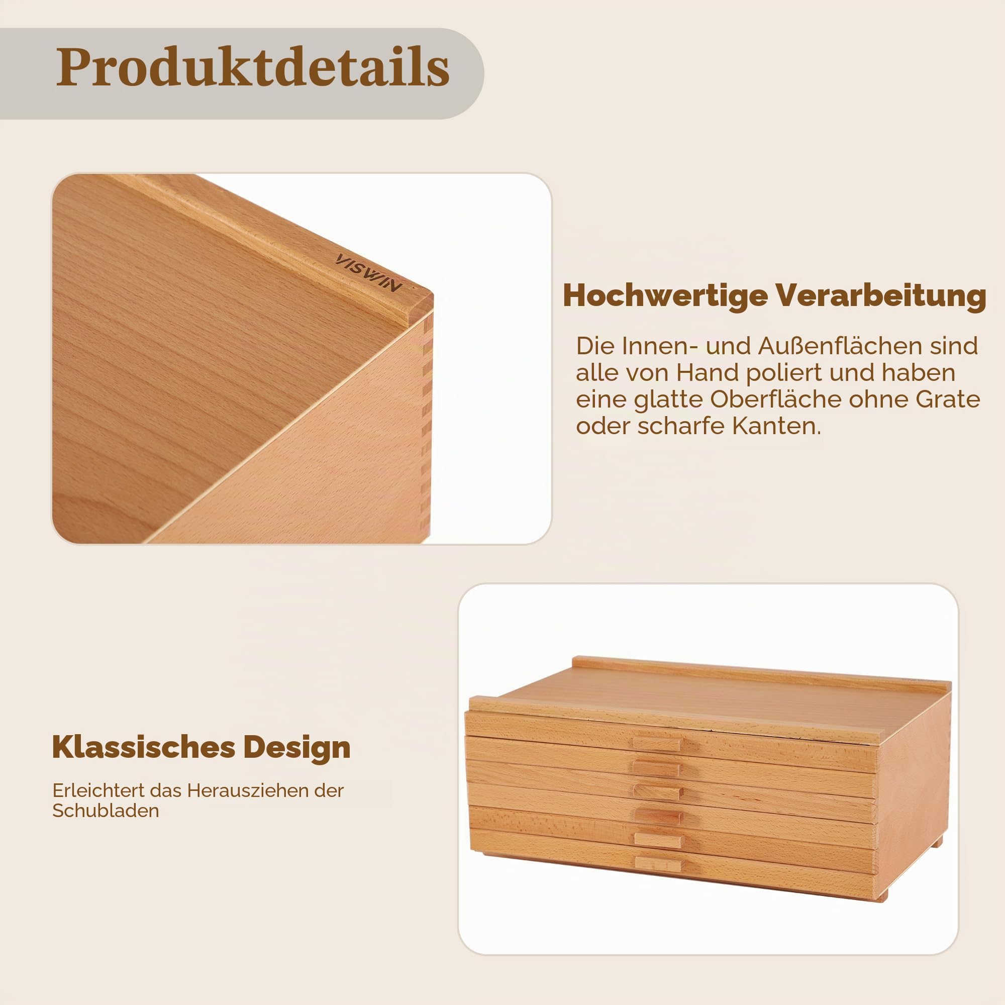 VISWIN 6-Schublade Holz Künstler Aufbewahrungsbox mit abnehmbaren Trennwänden, Buche, tragbarer Organizer für Farben, Stifte, Pinsel