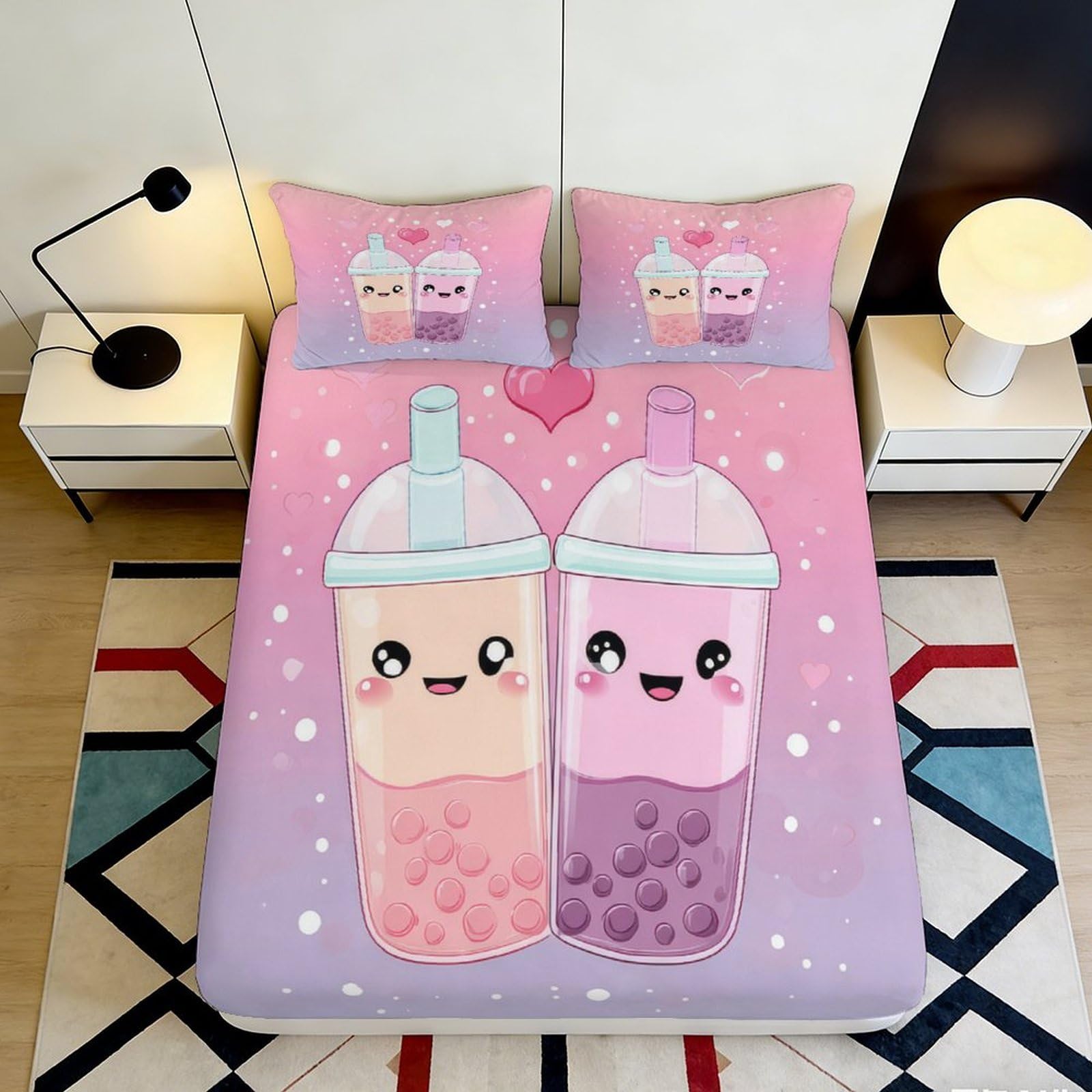 Pnayamiorkfel Style-9 3D Printed Cute Bubble Tea Fitted Sheet Microfiber Pink Cartoon Bed Cover For Bedroom Guest Room Dorm Decor Washable 90X200x25cm