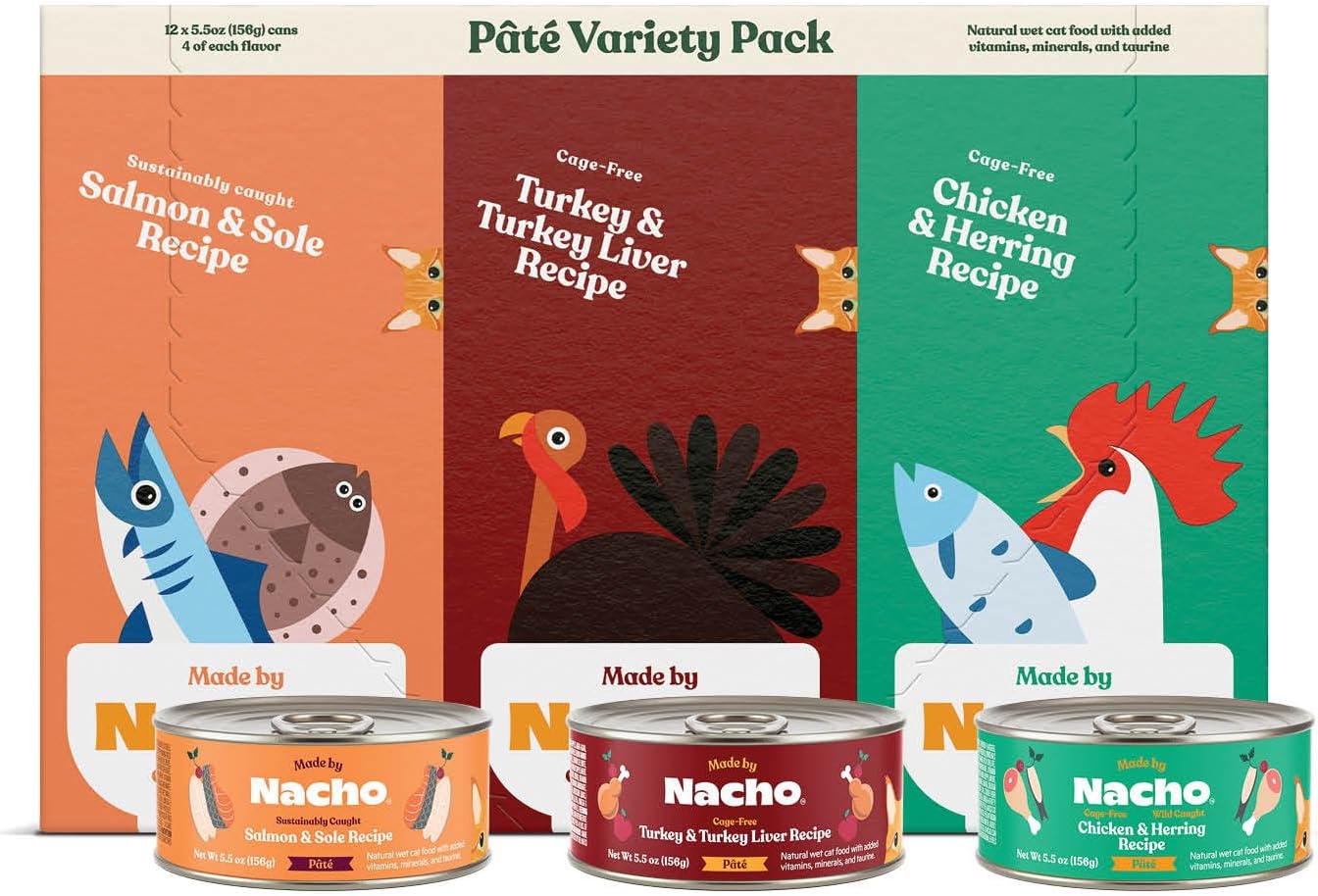 Made by Nacho Pate Wet Cat Food Variety Pack, Chicken, Salmon, and Turkey, 5.5 Ounce Cans, Grain-Free Canned Pet Food, Bone Broth Infused for Hydration, Limited Ingredients, 12 Pack