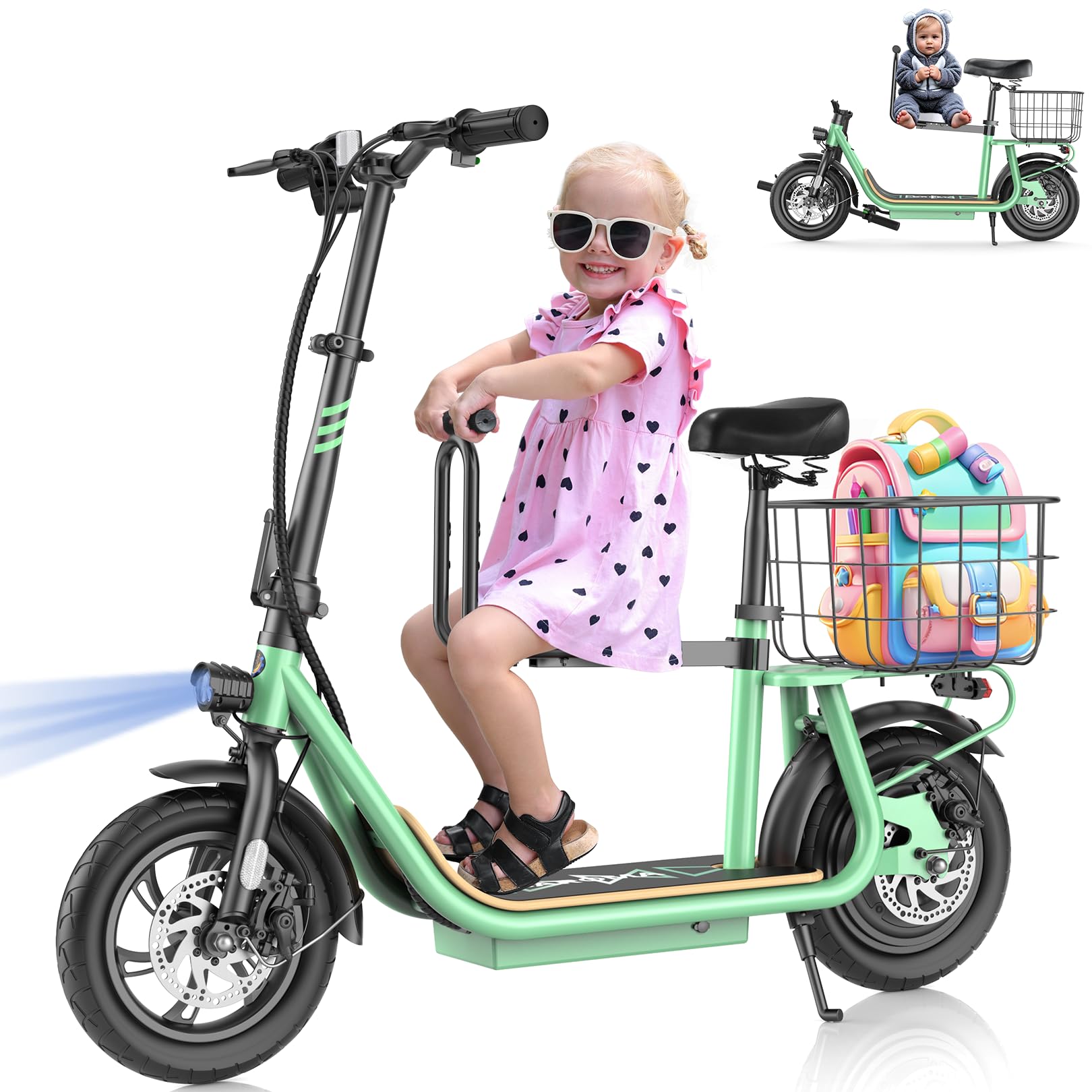CaromaPeak 1200W Electric Scooter Adults,500Wh Battery up to 30 Miles&20MPH,Foldable Commuting E-Scooter with Detachable Chlid Seat&Basket,300lbs Max Load