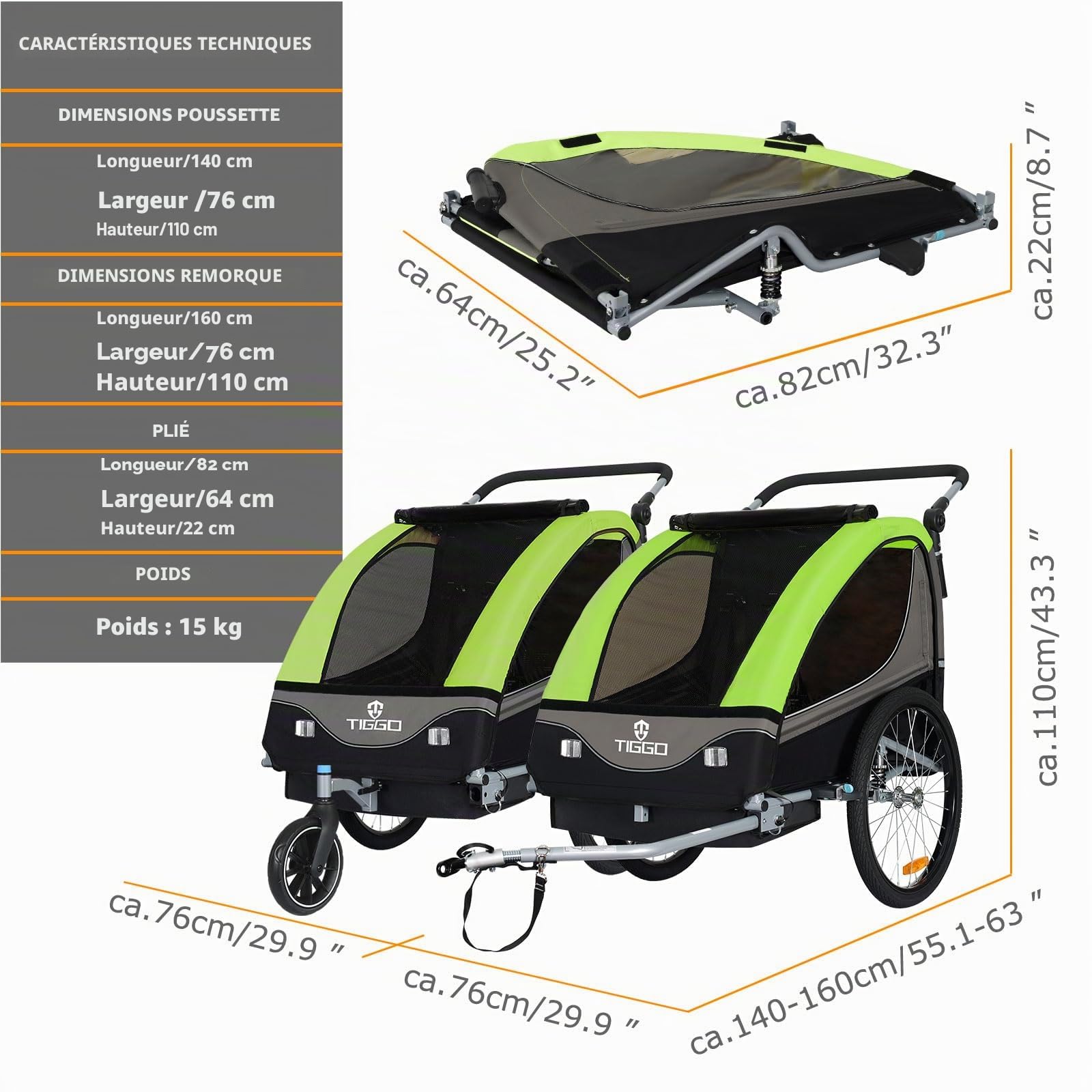 Tiggo S2 Remorque pour Enfants 2 en 1 Velo Suspension 5 Points Ceinture de securite 360° Roue Jogger Poussette