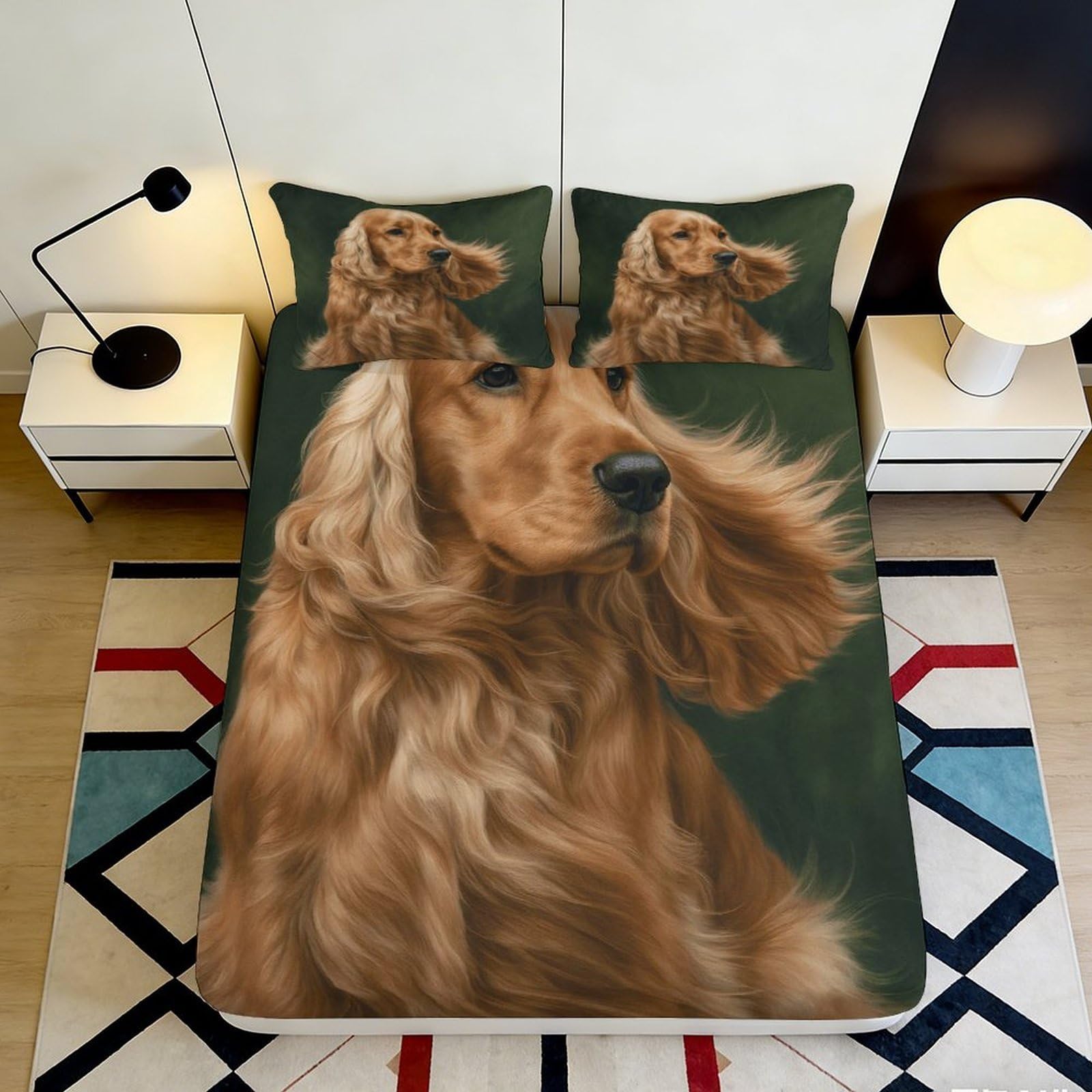 3D Printed Golden Cocker Spaniel Fitted Sheet Microfiber Soft Breathable Dog Art Bed Cover for Bedroom Guest Room Decor 160x200x25cm