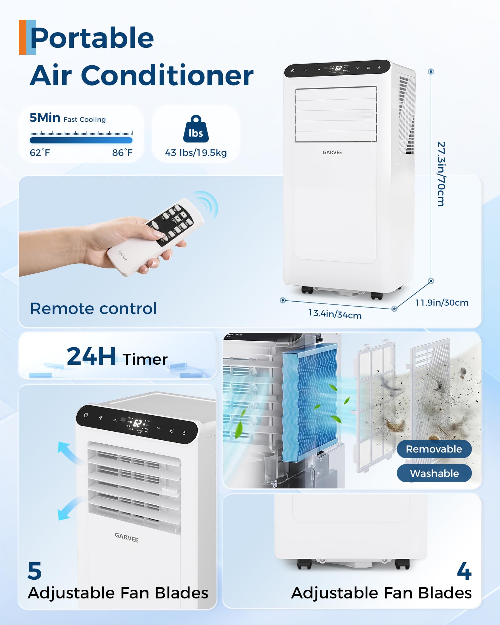 Garvee 8000 BTU Aire acondicionado portátil, hasta 350 pies cuadrados Mando a distancia 48dB unidad de CA portátil, deshumidificador, ventilador, sueño, temporizador de 24 horas y kit de instalación