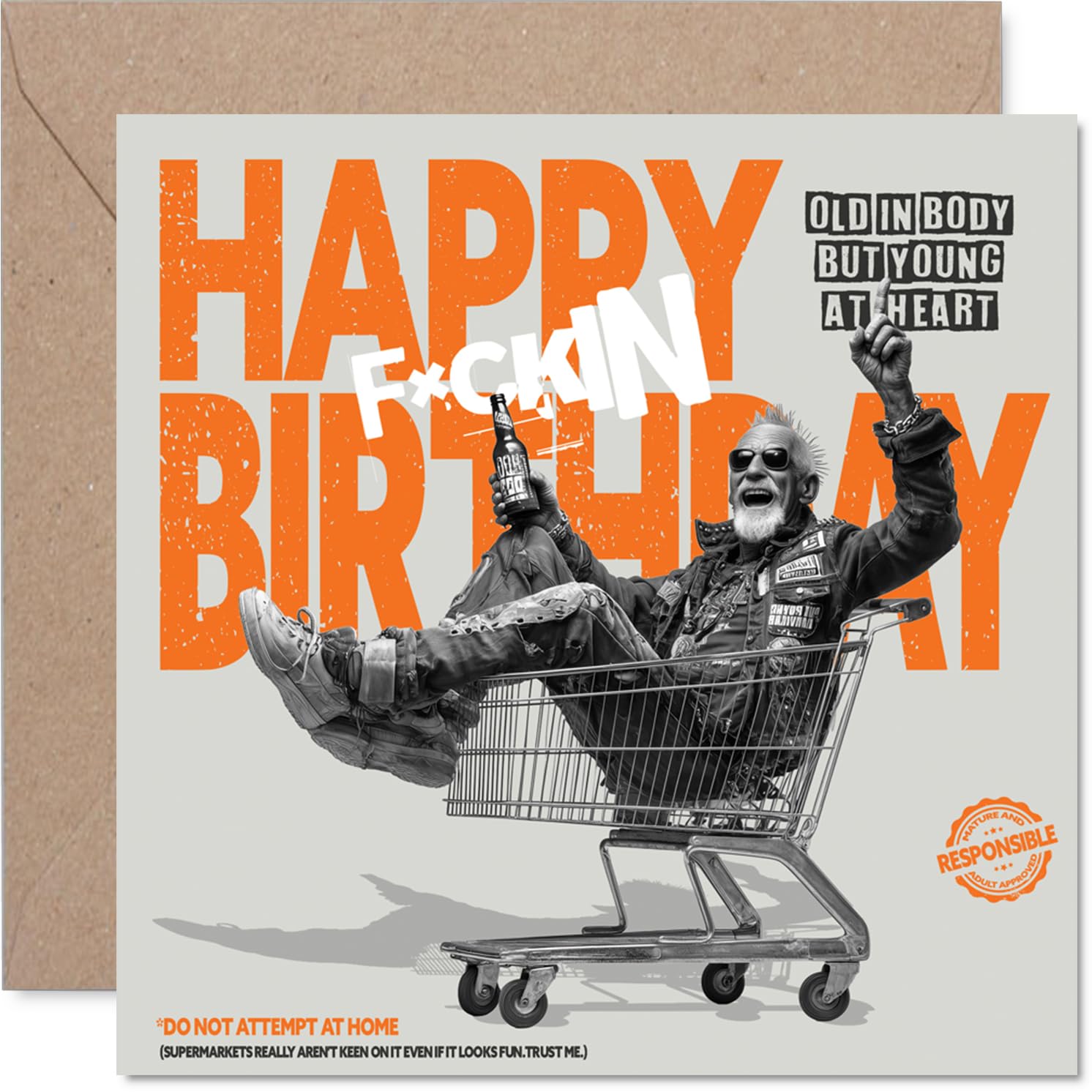 Birthday Card - Rebellious Birthday Antics - Older Gent Riding a Shopping Trolley, Bold Orange and Black Humour - 145mm Square, Envelope Included