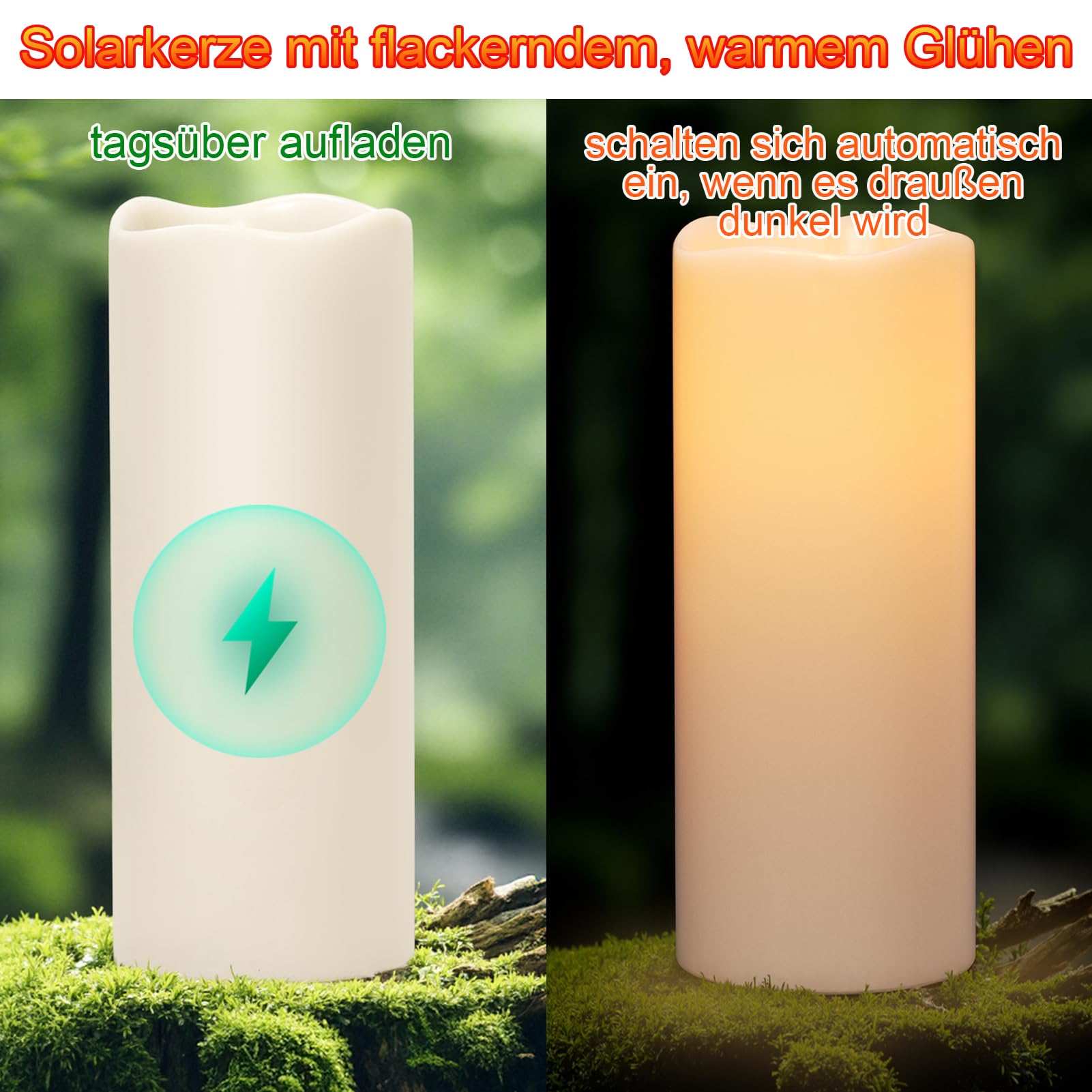 Eldnacele Candele a LED a energia solare, per esterni, impermeabili, a batteria, effetto fiamma, luce tremolante, interruttore crepuscolare auto, set da 2 pezzi (diametro 10 x 25 cm, crema)