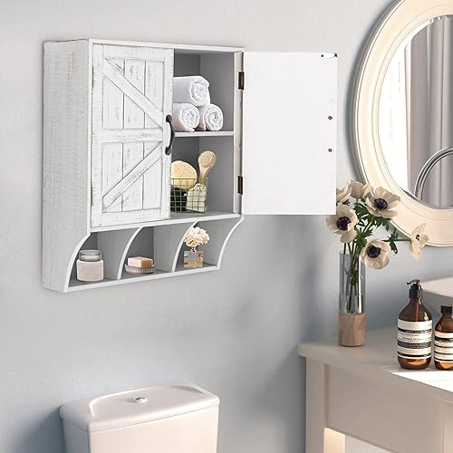 Miniatura 2 de FLORA Armario de almacenamiento montado en la pared, botiquín con puertas, armario de pared de baño vintage de madera sobre inodoro para baño,