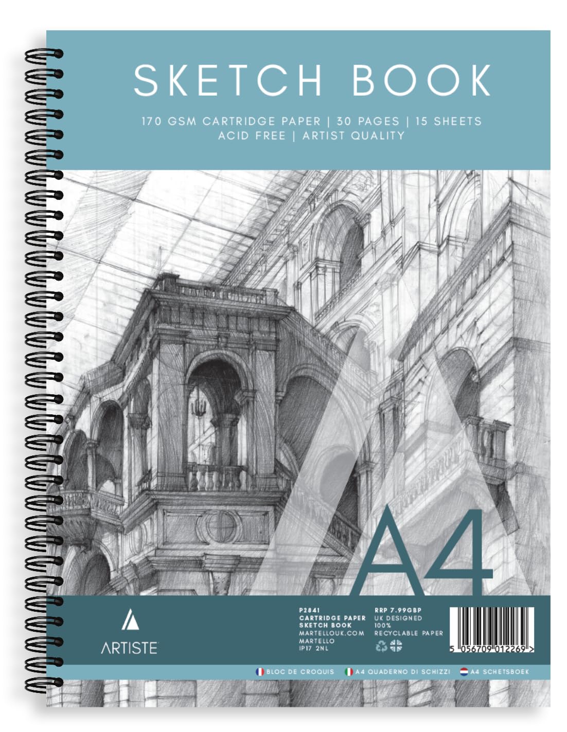 Portrait A4 Sketch Pad 170gsm White Cartridge Paper 30 Pages (15 Sheets) - Wiro Bound Acid-Free Artist Quality - Ideal for Sketching Drawing and Painting