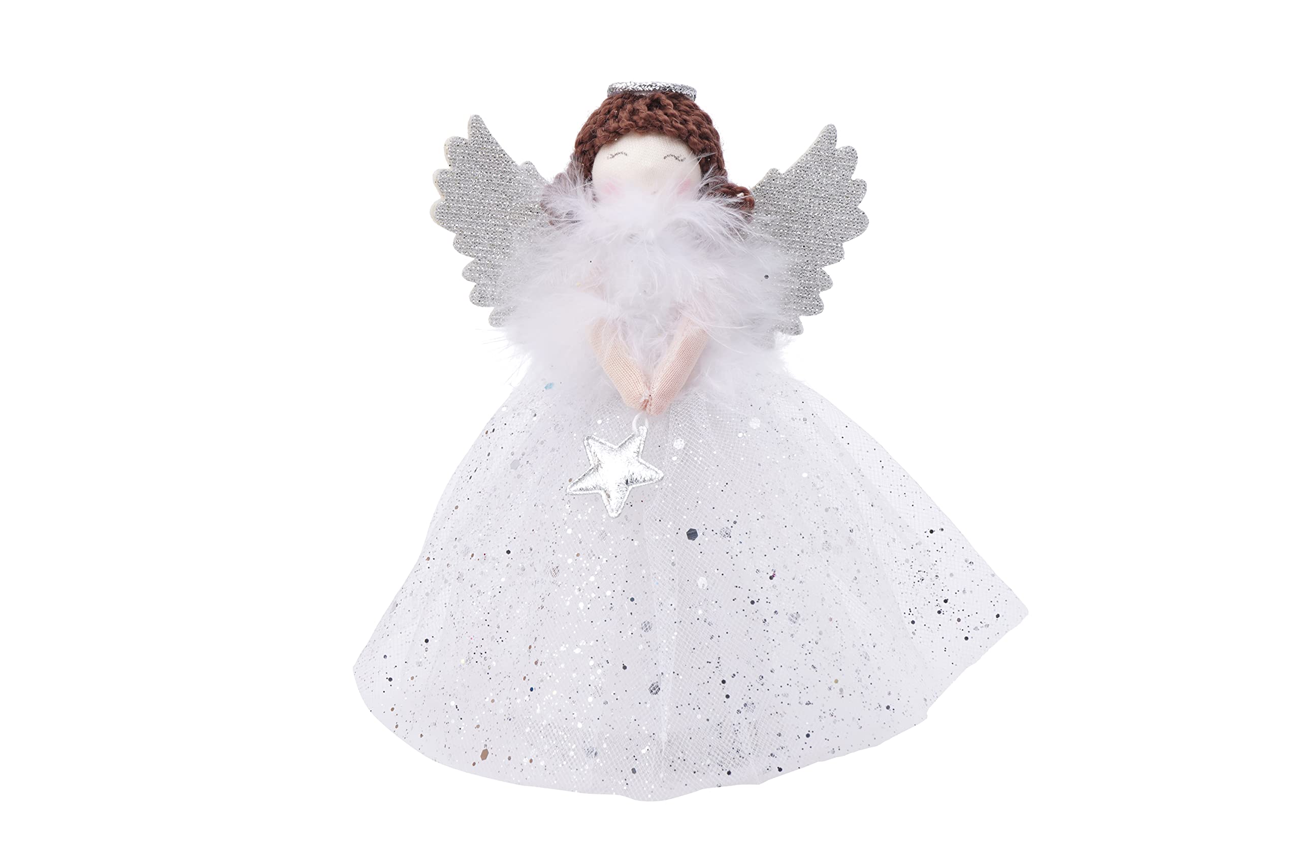 CGB Giftware | Silver Brunette Light Up Angel Tree Topper Hanging Decoration | Battery Powered | Christmas Festive Holiday Home Accessory | Joy to the World Range | GB06688