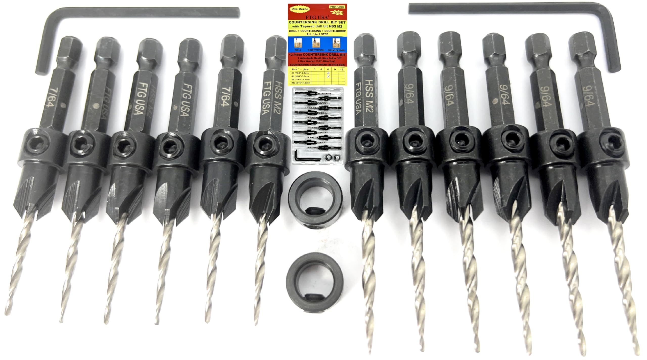 FTG USA Countersink Drill Bit Set 6 Pc #4 (7/64"), 6 Pc #6 (9/64") Tapered Countersink Bit, Stop Collar, Hex Wrench, Woodworking Countersink Drill