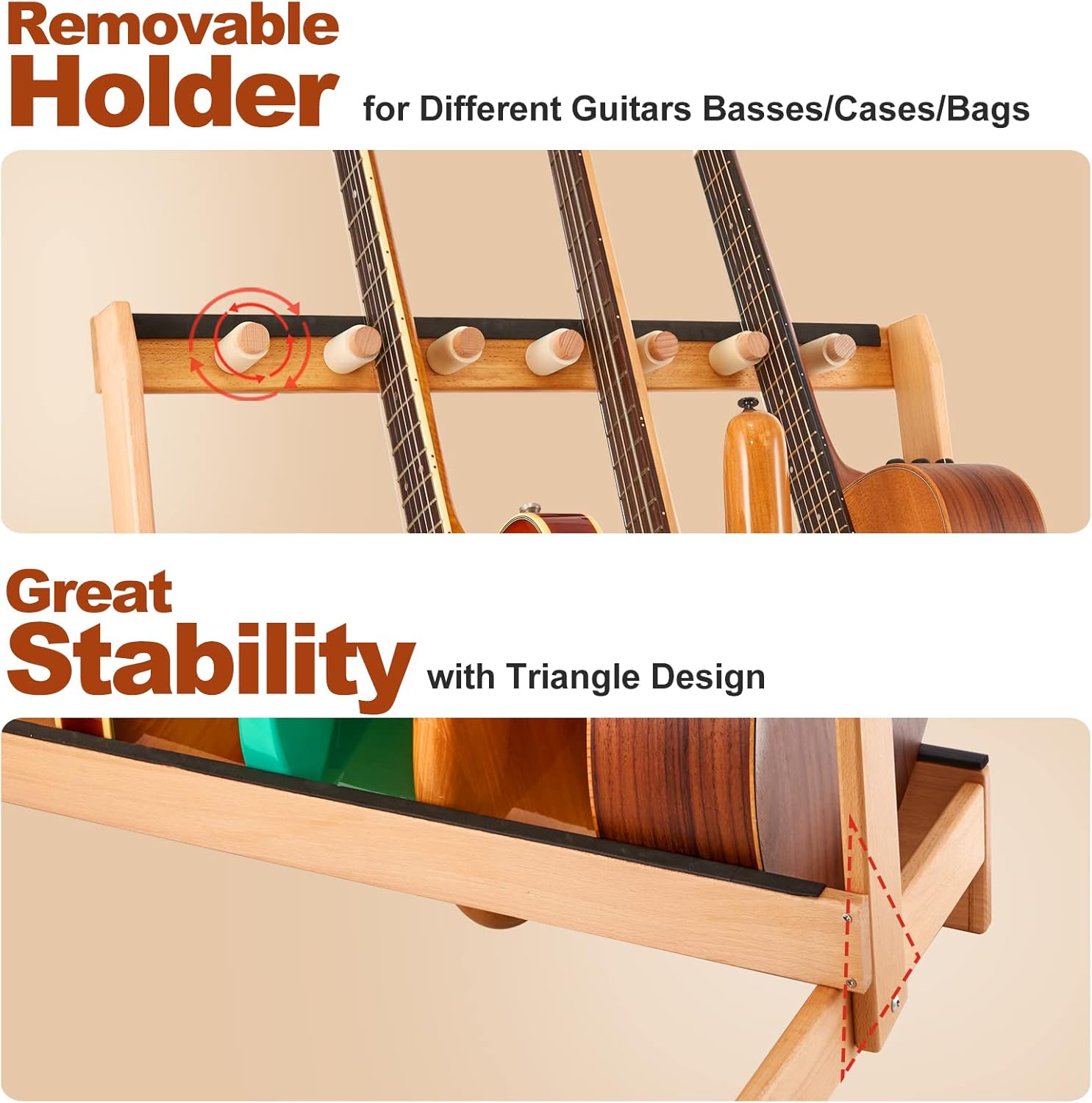 Penypeal Guitar Stand - Folding Design, Solid Beech Wood, Multiple Guitar Rack with Removable Retainers for Display and Storage