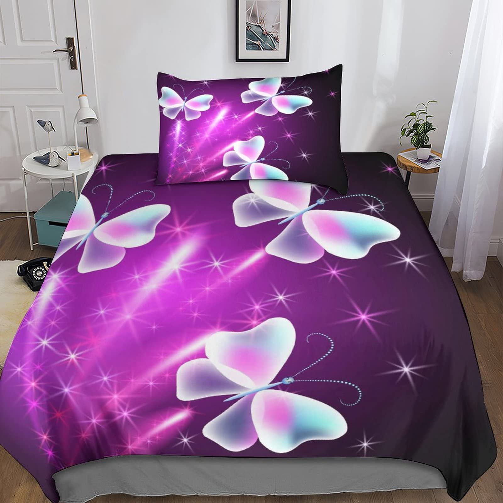 Housse de couette papillon 3D parure de lit microfibre fleurie 135x200 pour chambre enfant ado