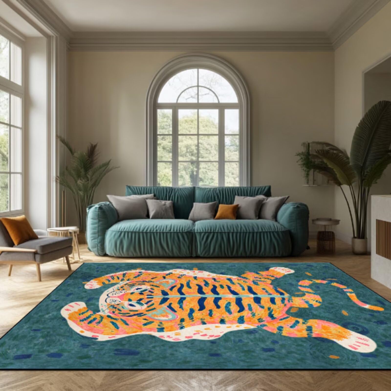 UUYDFH Blue Tiger Runner Rug Washable Vintage Boho Tibetan Tiger Area Rugs Non-Slip Soft Decorative Funky Floor Mat for Hallway Bedroom Kitchen -