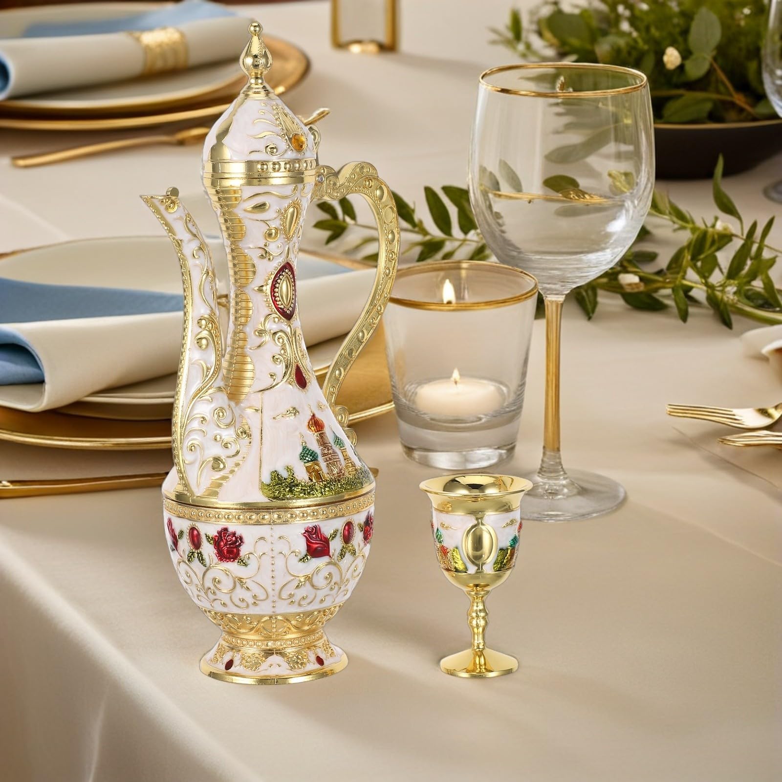 GALPADA Juego de Copas de Vino y Jarra de Café Turco con Diseño Vintage y Castillo, Aleación de Zinc, Presentación Estable para Eventos Festivos y de Té
