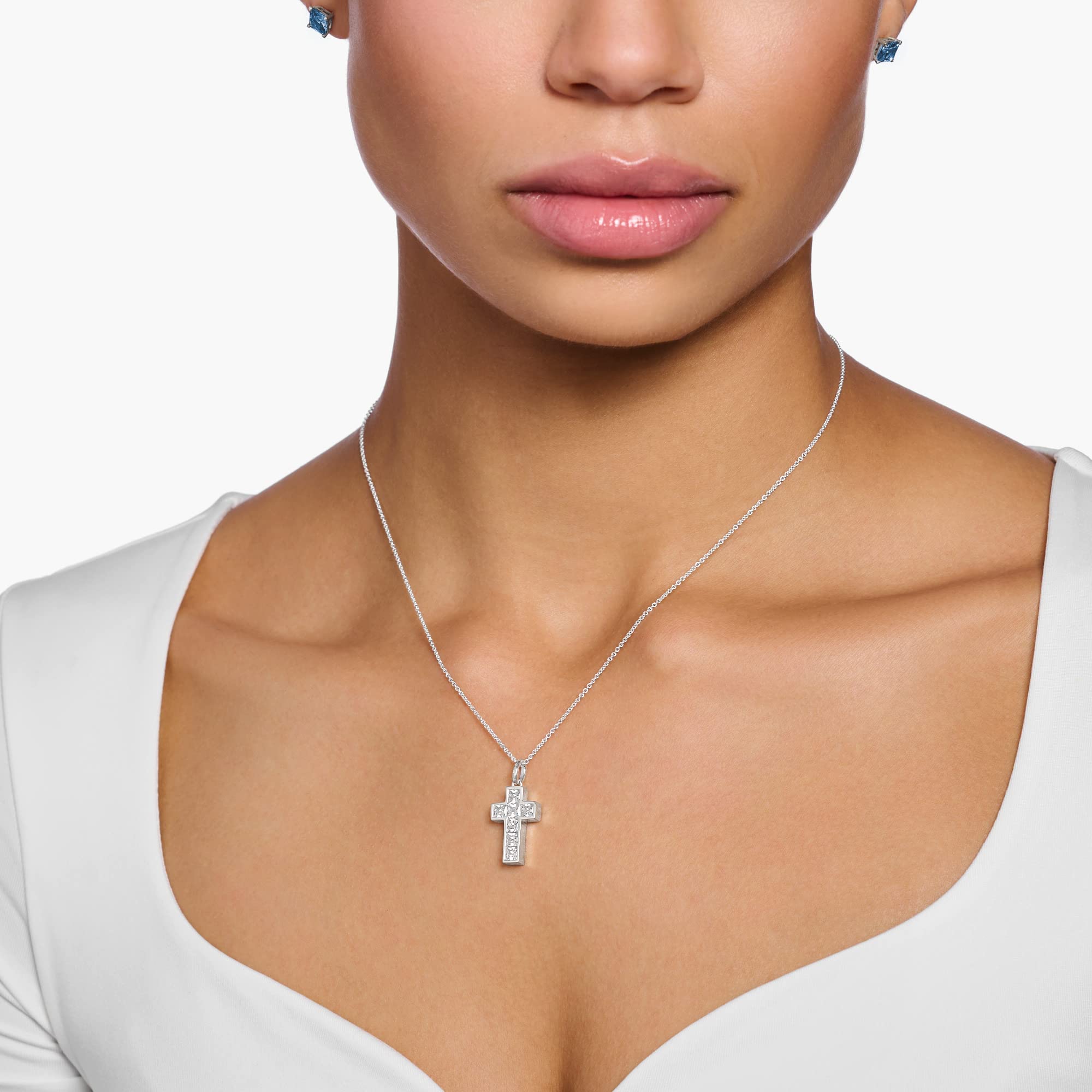 THOMAS SABO Kette Kreuz mit weißen Steinen silber 925 Sterlingsilber