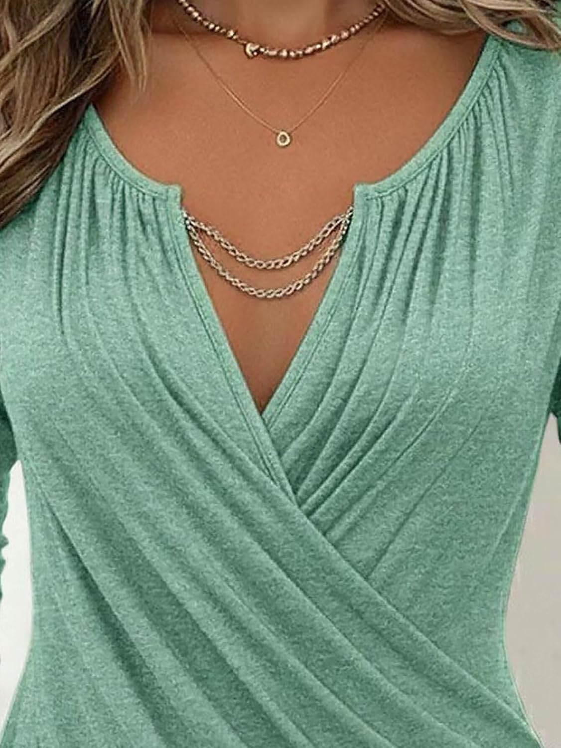 Flamingals Wrap Tops Three Quarter Length Sleeve Ruched V Neck Cinched Waist Tops for Women Sexy Dressy Slim Fit Fall Outfits - Image 3