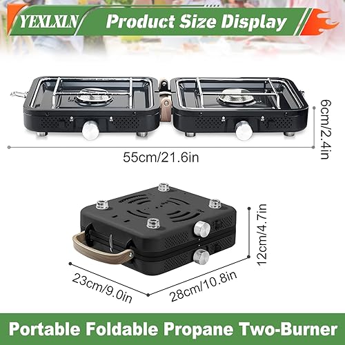 Miniatura 7 de Estufa de camping de propano de 2 quemadores con plancha y bolsa de transporte, estufa de campamento de propano portátil con 2 quemadores ajustables