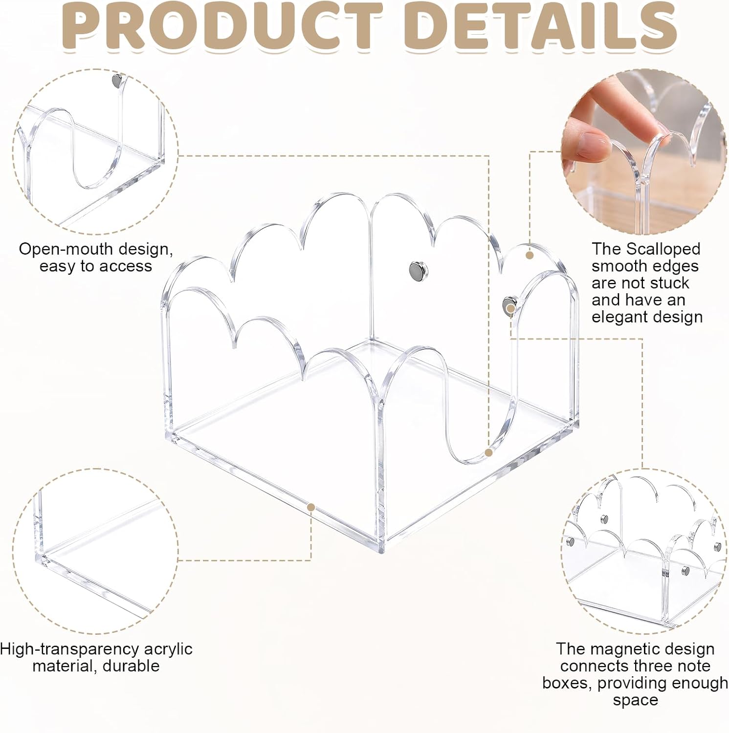 3Pcs Scalloped Acrylic Sticky Note Holder,Clear Sticky Notes Dispenser 3x3 Thick Post it Notes Memo Pad Holder Non-Slip Desk Organizer for Office Home School Dorm Desktop