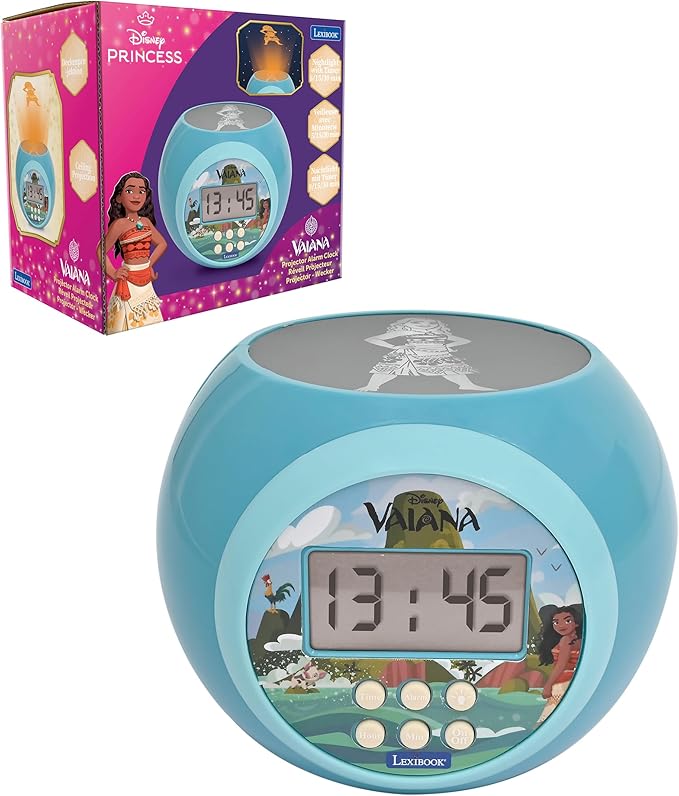 LEXIBOOK, Disney Vaiana, Reloj Despertador con proyector, función de repetición y Alarma, luz Nocturna con Temporizador, Pantalla LCD, Funcionamiento a Pilas, Azul, RL977VN