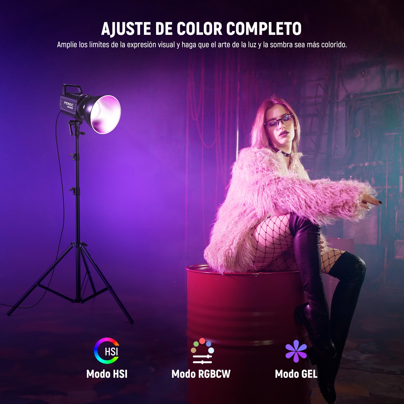 NEEWER 130W RGB LED Vídeo Luz App/2,4G Control 17 Efectos, 2500-7500K 19800lux/1m COB Iluminación Continua con CRI97/TLCI98 4 Curvas de Atenuación, Foco de Bowens Mount en Estudio Fotografía, FS150C